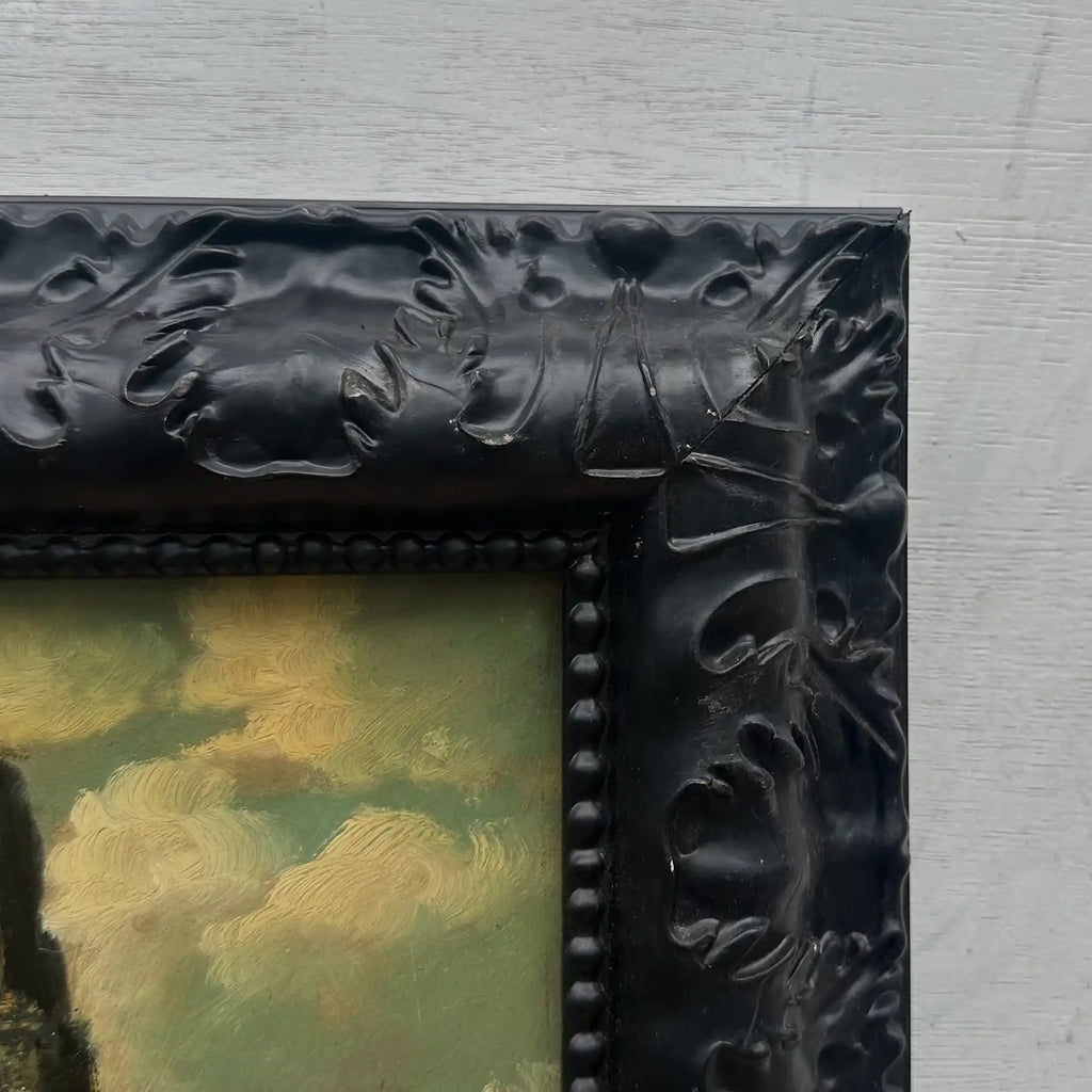 Original Framed Vintage European Village Oil Painting, Church Tower and Street Scene ( with Frame  33 x 37 cm ) - Vintage Oil Painting - Arden Gallery