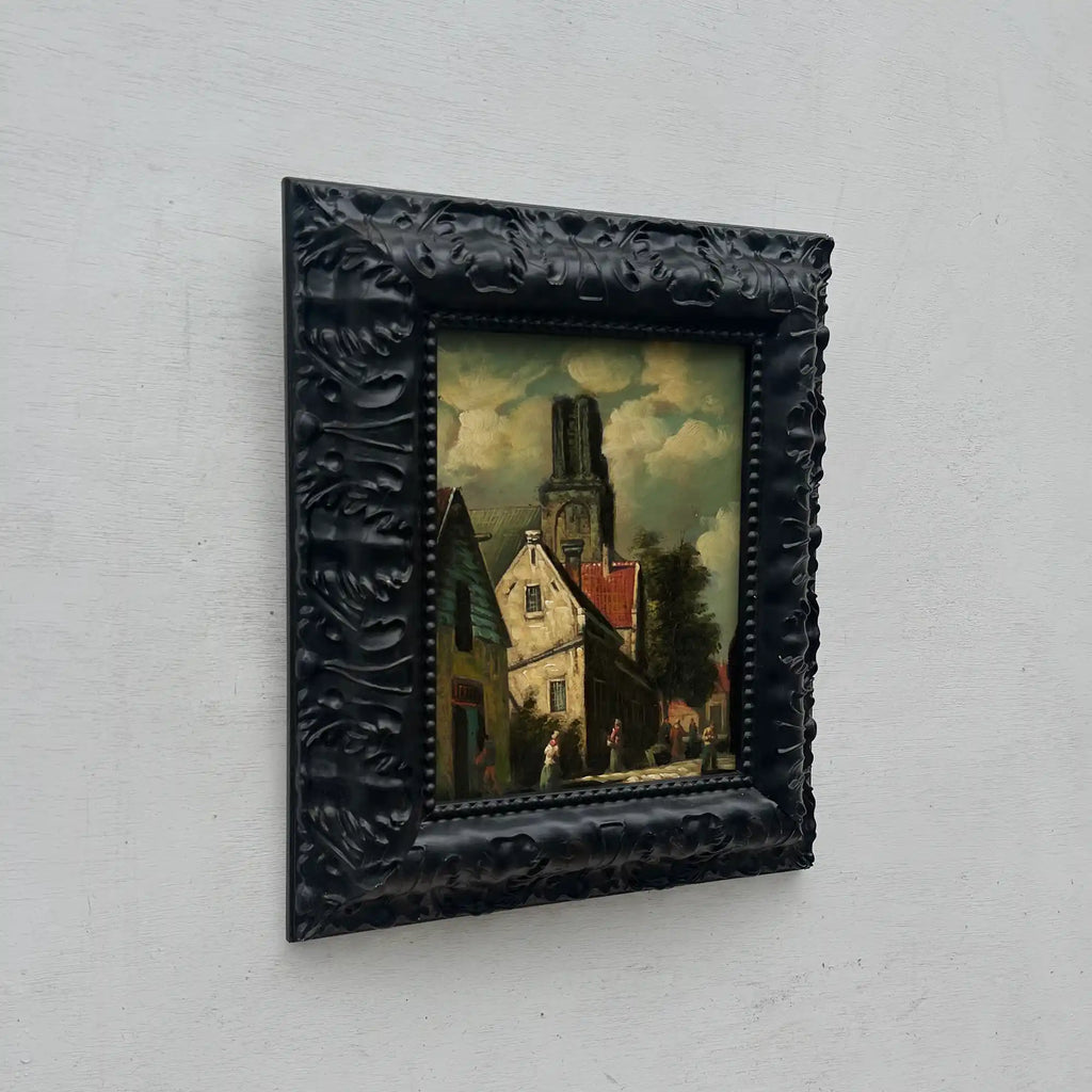 Original Framed Vintage European Village Oil Painting, Church Tower and Street Scene ( with Frame  33 x 37 cm ) - Vintage Oil Painting - Arden Gallery