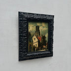 Original Framed Vintage European Village Oil Painting, Church Tower and Street Scene ( with Frame  33 x 37 cm ) - Vintage Oil Painting - Arden Gallery