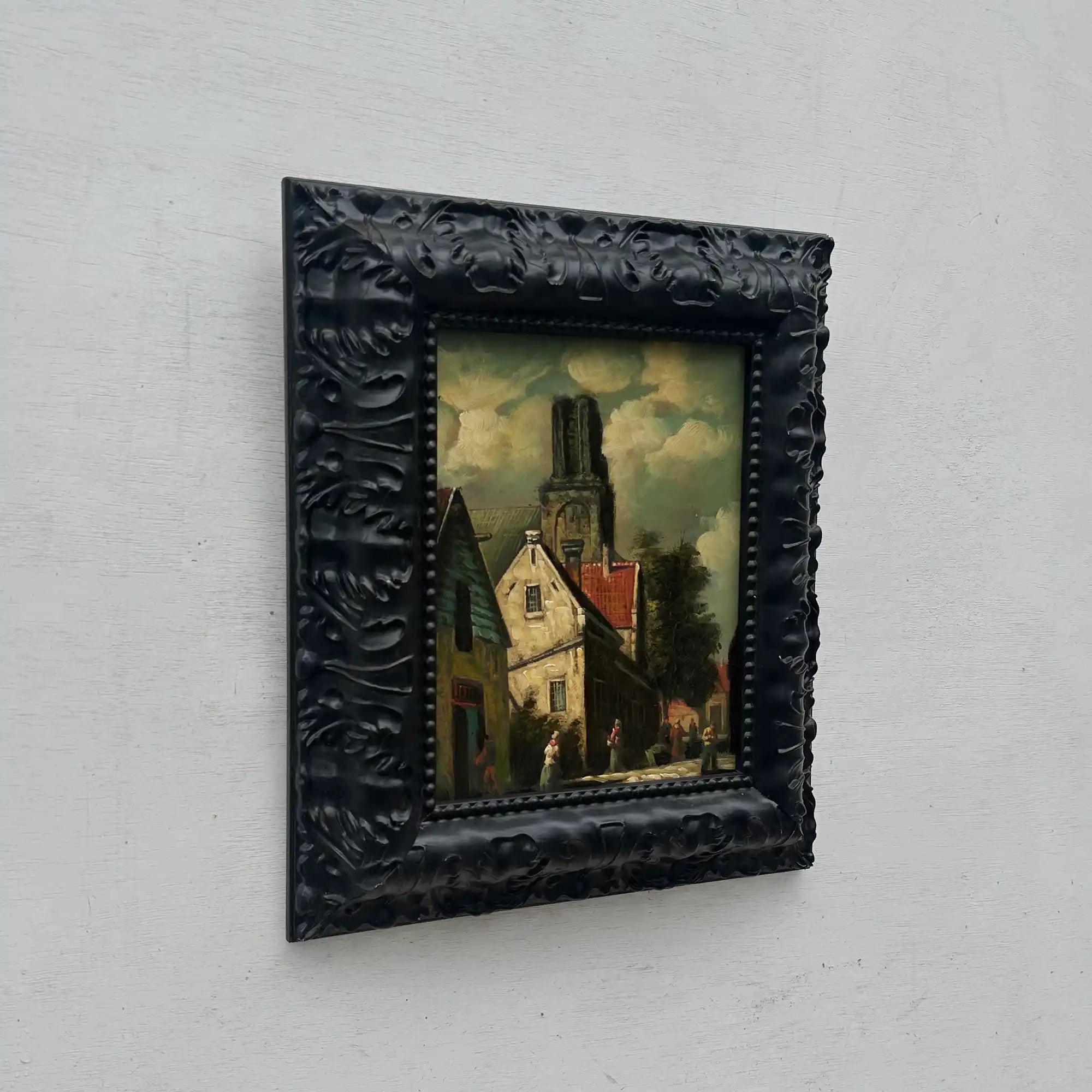 Original Framed Vintage European Village Oil Painting, Church Tower and Street Scene ( with Frame  33 x 37 cm ) - Vintage Oil Painting - Arden Gallery