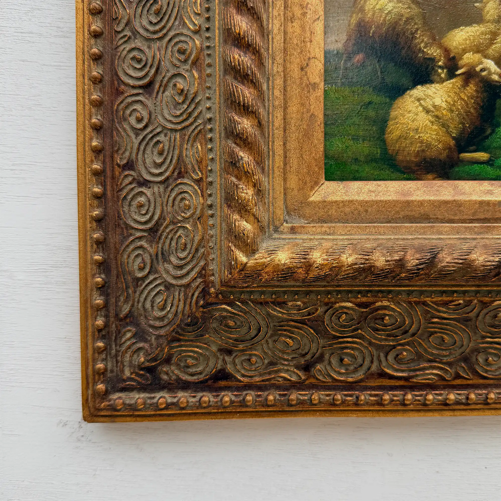 Original Framed Vintage Pastoral Sheep Oil Painting, European Countryside Landscape Art ( with Frame 42.5 x 47.5 cm ) - Vintage Oil Painting - Arden Gallery