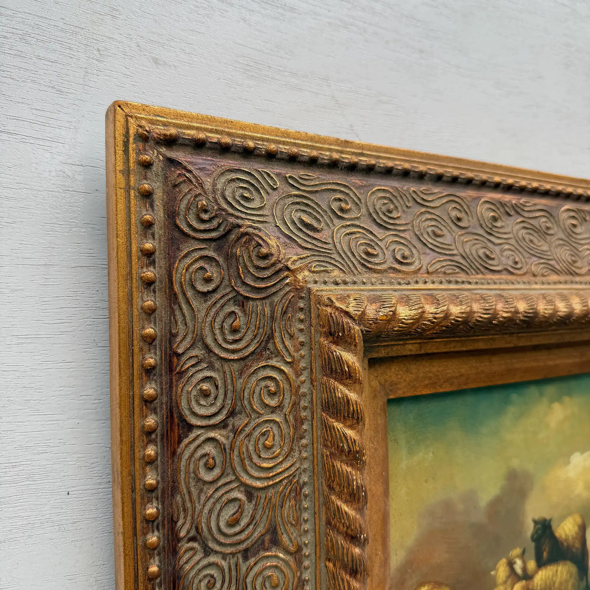 Original Framed Vintage Pastoral Sheep Oil Painting, European Countryside Landscape Art ( with Frame 42.5 x 47.5 cm ) - Vintage Oil Painting - Arden Gallery