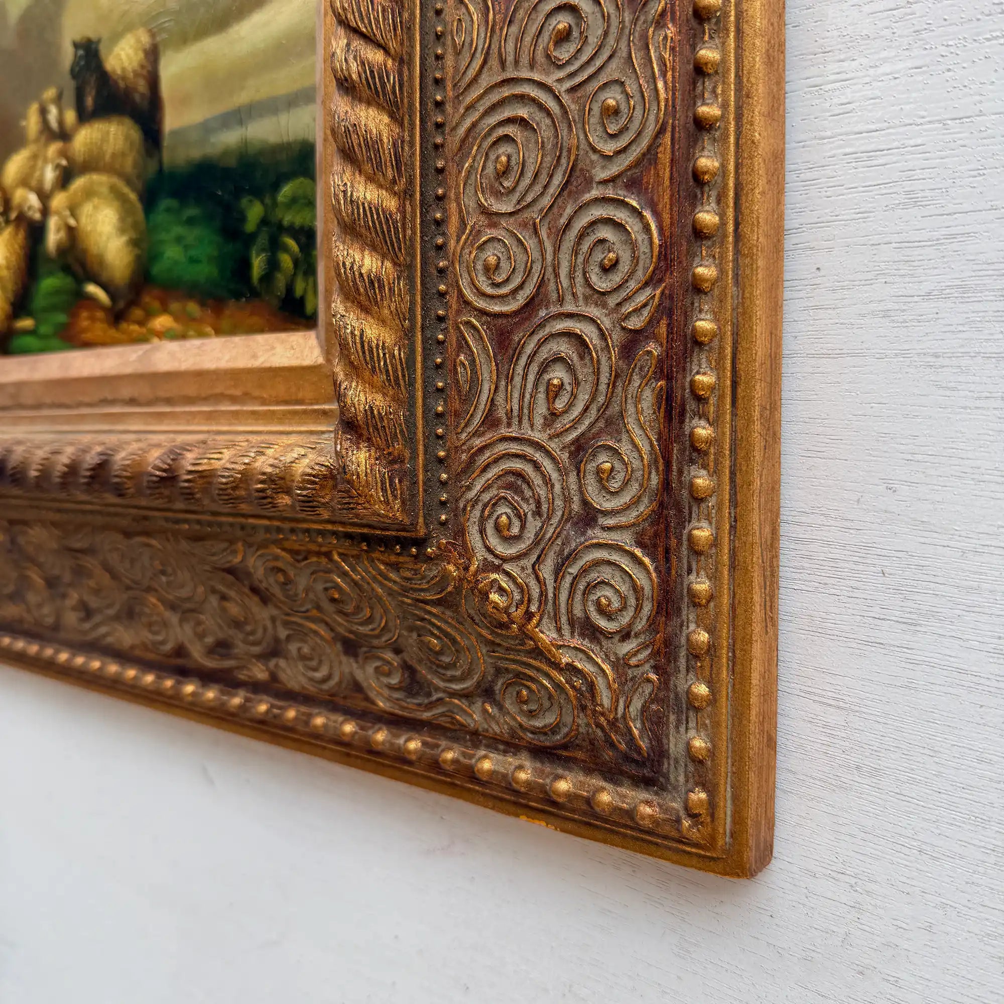 Original Framed Vintage Pastoral Sheep Oil Painting, European Countryside Landscape Art ( with Frame 42.5 x 47.5 cm ) - Vintage Oil Painting - Arden Gallery