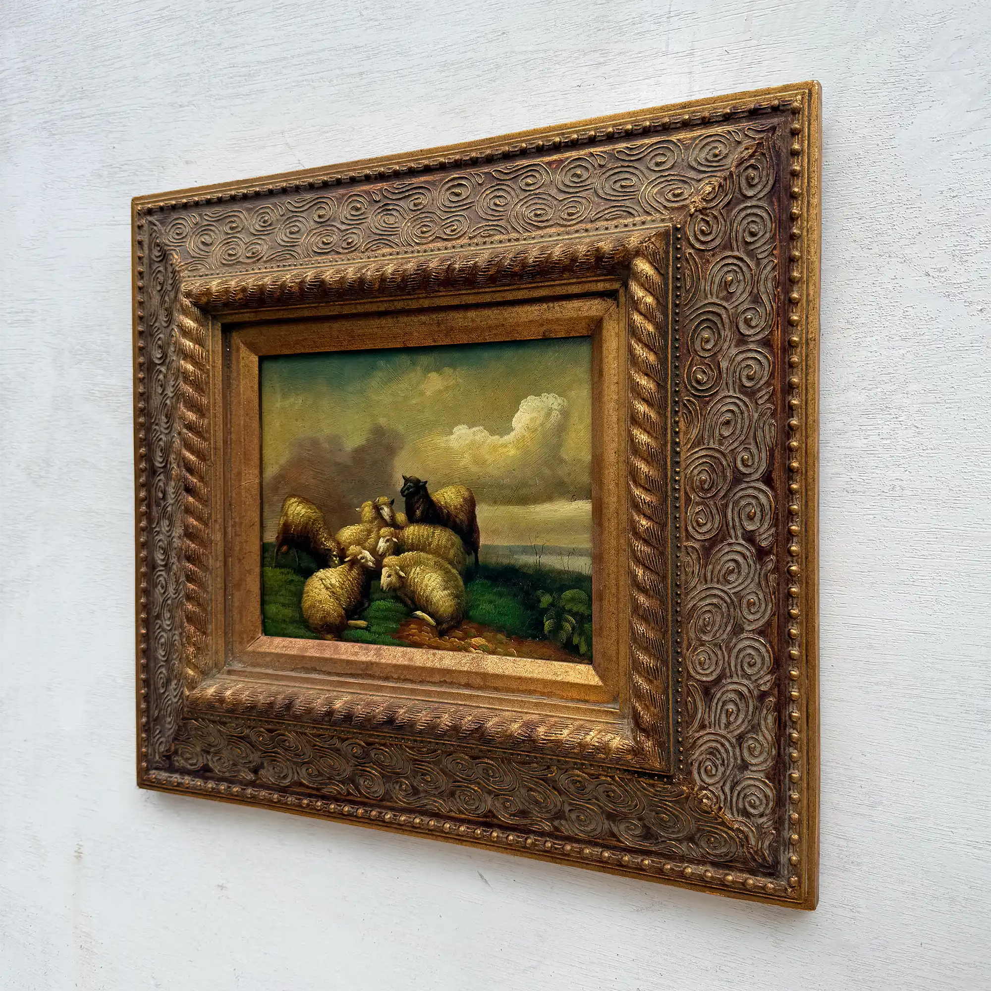 Original Framed Vintage Pastoral Sheep Oil Painting, European Countryside Landscape Art ( with Frame 42.5 x 47.5 cm ) - Vintage Oil Painting - Arden Gallery