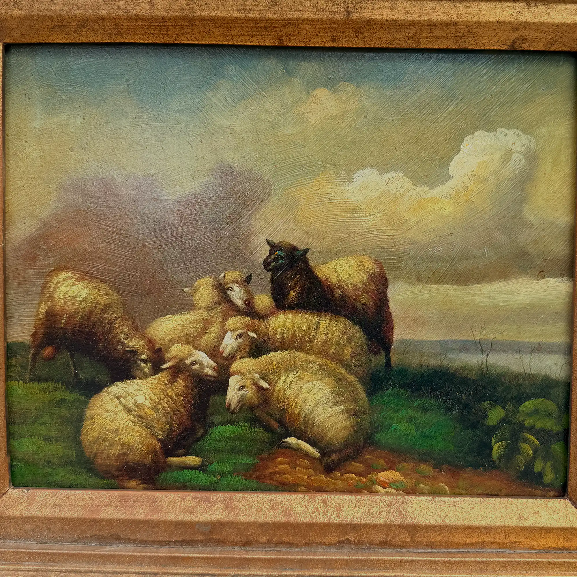 Original Framed Vintage Pastoral Sheep Oil Painting, European Countryside Landscape Art ( with Frame 42.5 x 47.5 cm ) - Vintage Oil Painting - Arden Gallery