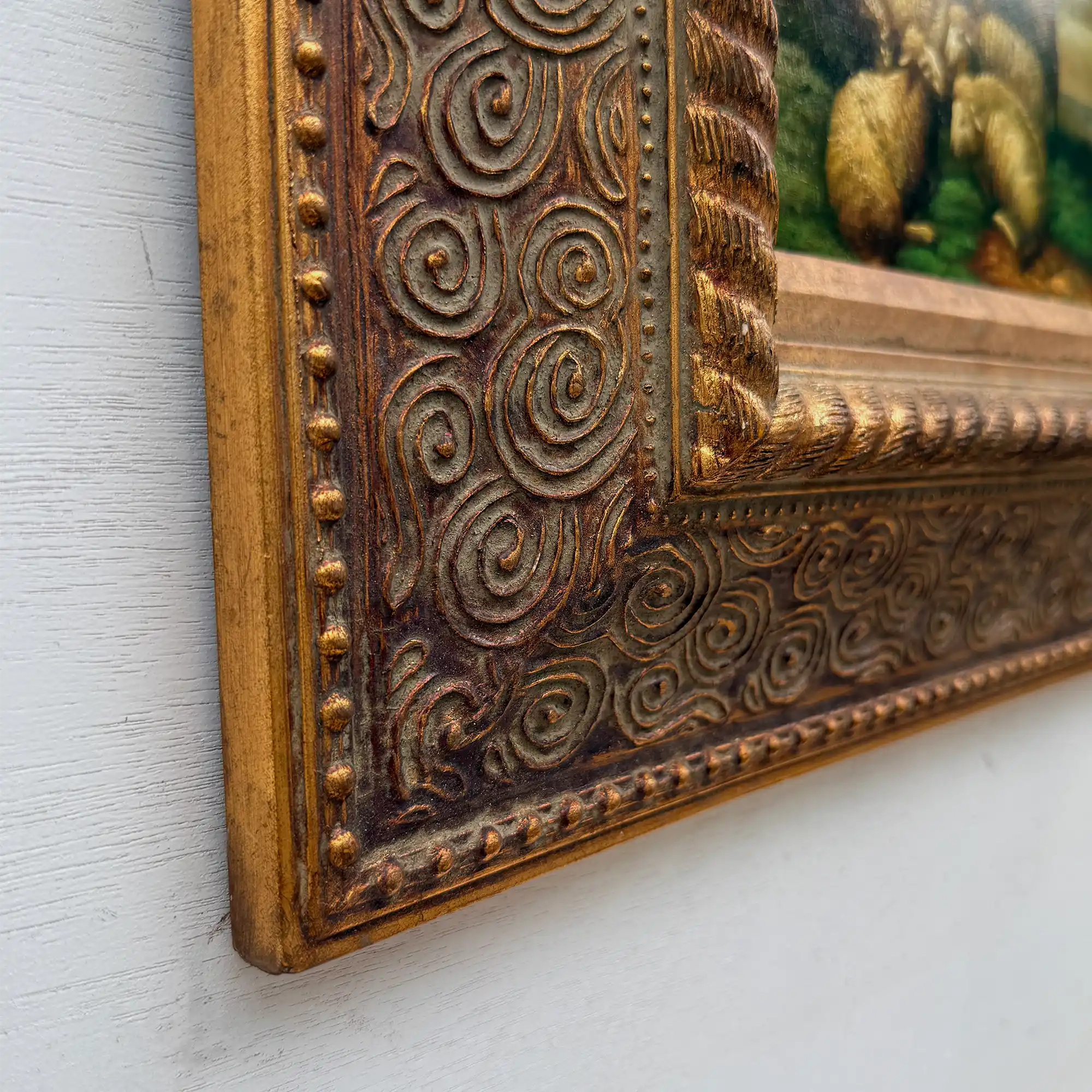 Original Framed Vintage Pastoral Sheep Oil Painting, European Countryside Landscape Art ( with Frame 42.5 x 47.5 cm ) - Vintage Oil Painting - Arden Gallery
