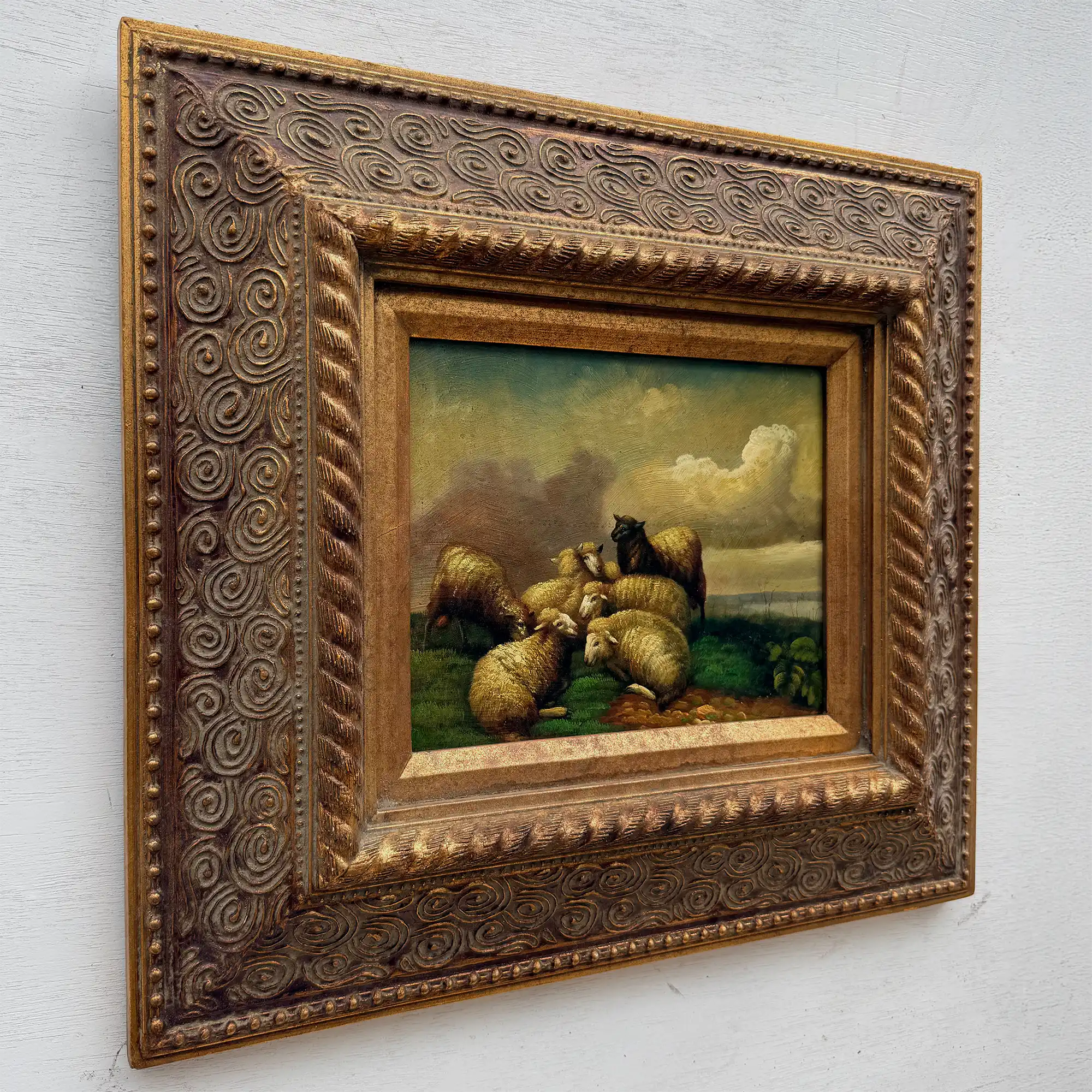 Original Framed Vintage Pastoral Sheep Oil Painting, European Countryside Landscape Art ( with Frame 42.5 x 47.5 cm ) - Vintage Oil Painting - Arden Gallery