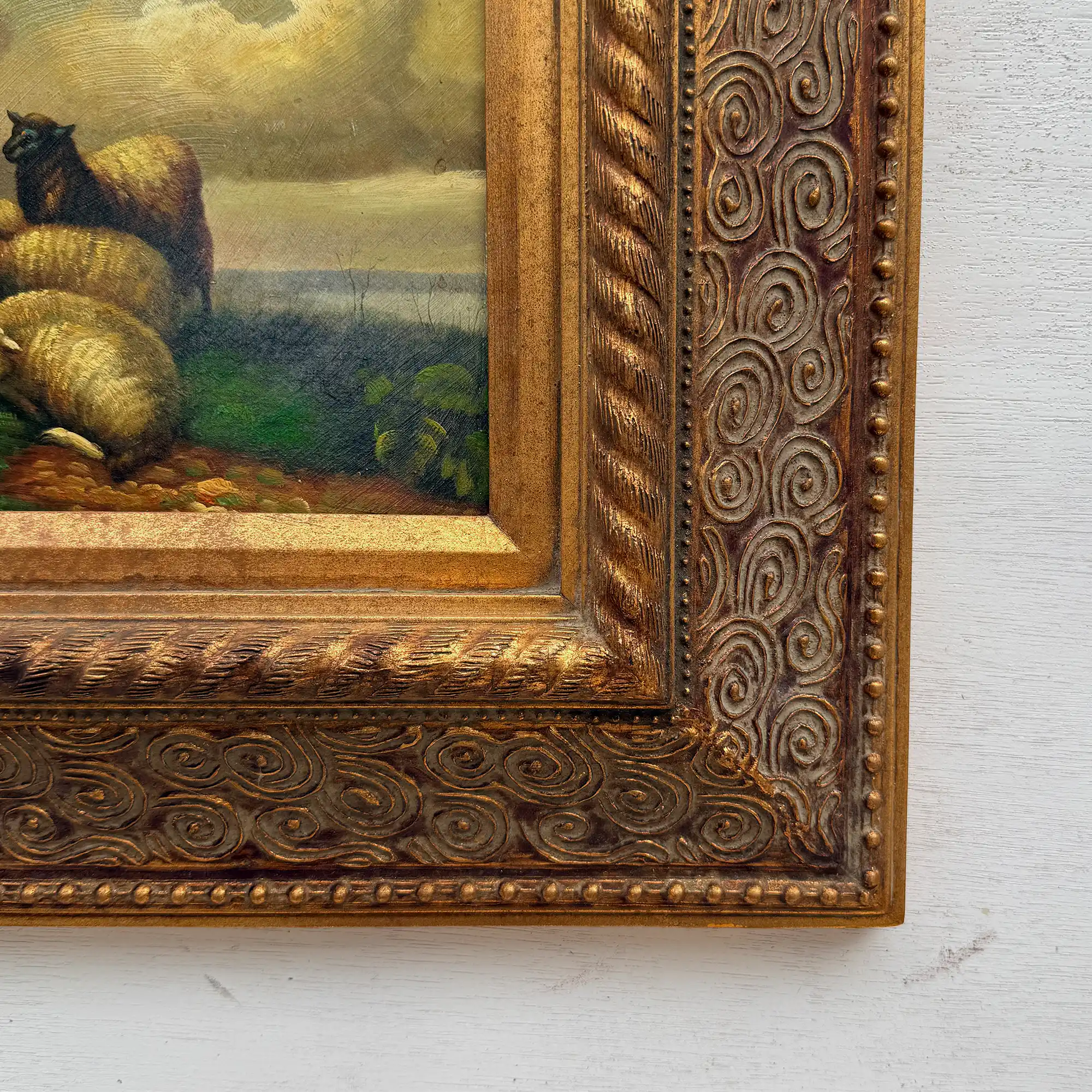 Original Framed Vintage Pastoral Sheep Oil Painting, European Countryside Landscape Art ( with Frame 42.5 x 47.5 cm ) - Vintage Oil Painting - Arden Gallery