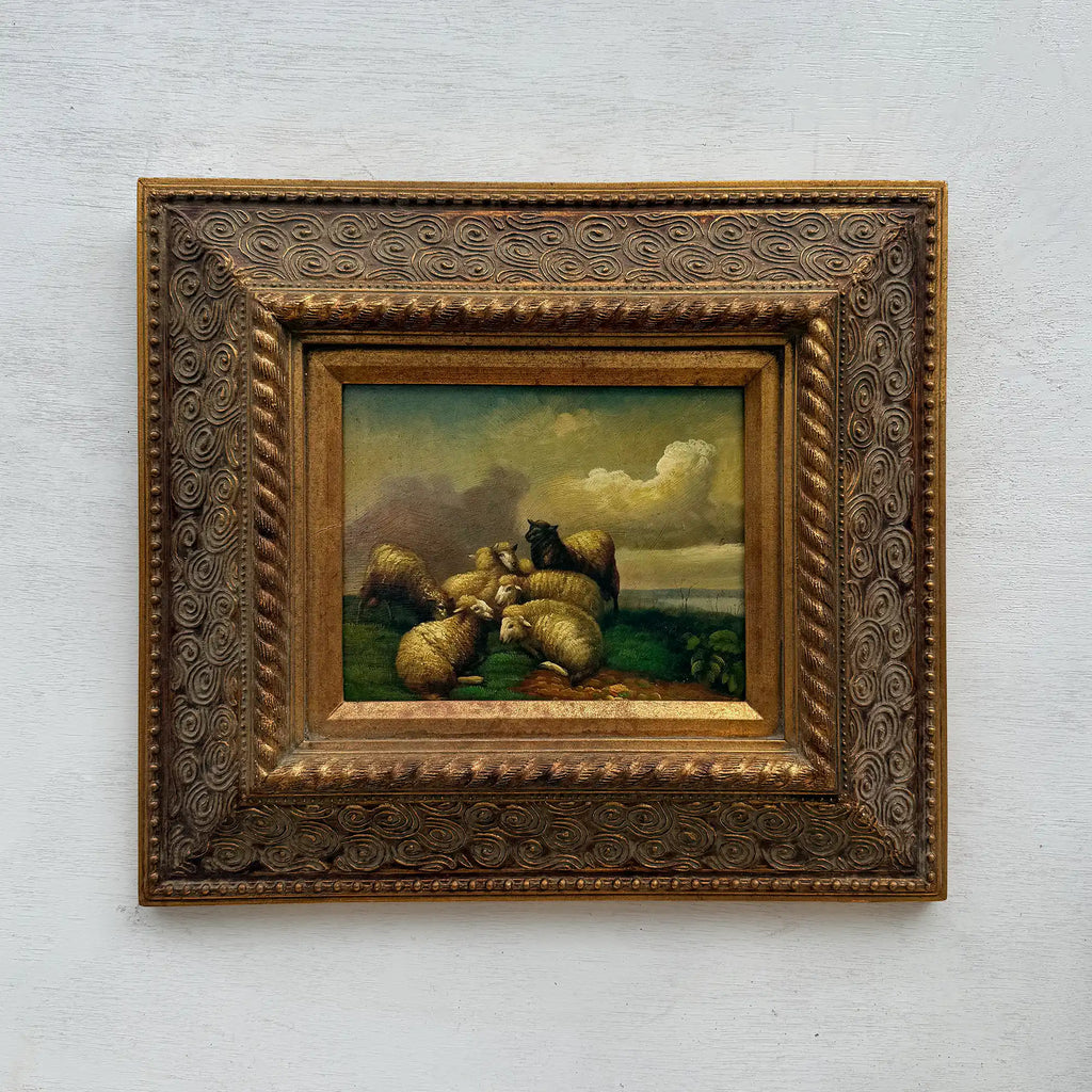 Original Framed Vintage Pastoral Sheep Oil Painting, European Countryside Landscape Art ( with Frame 42.5 x 47.5 cm ) - Vintage Oil Painting - Arden Gallery