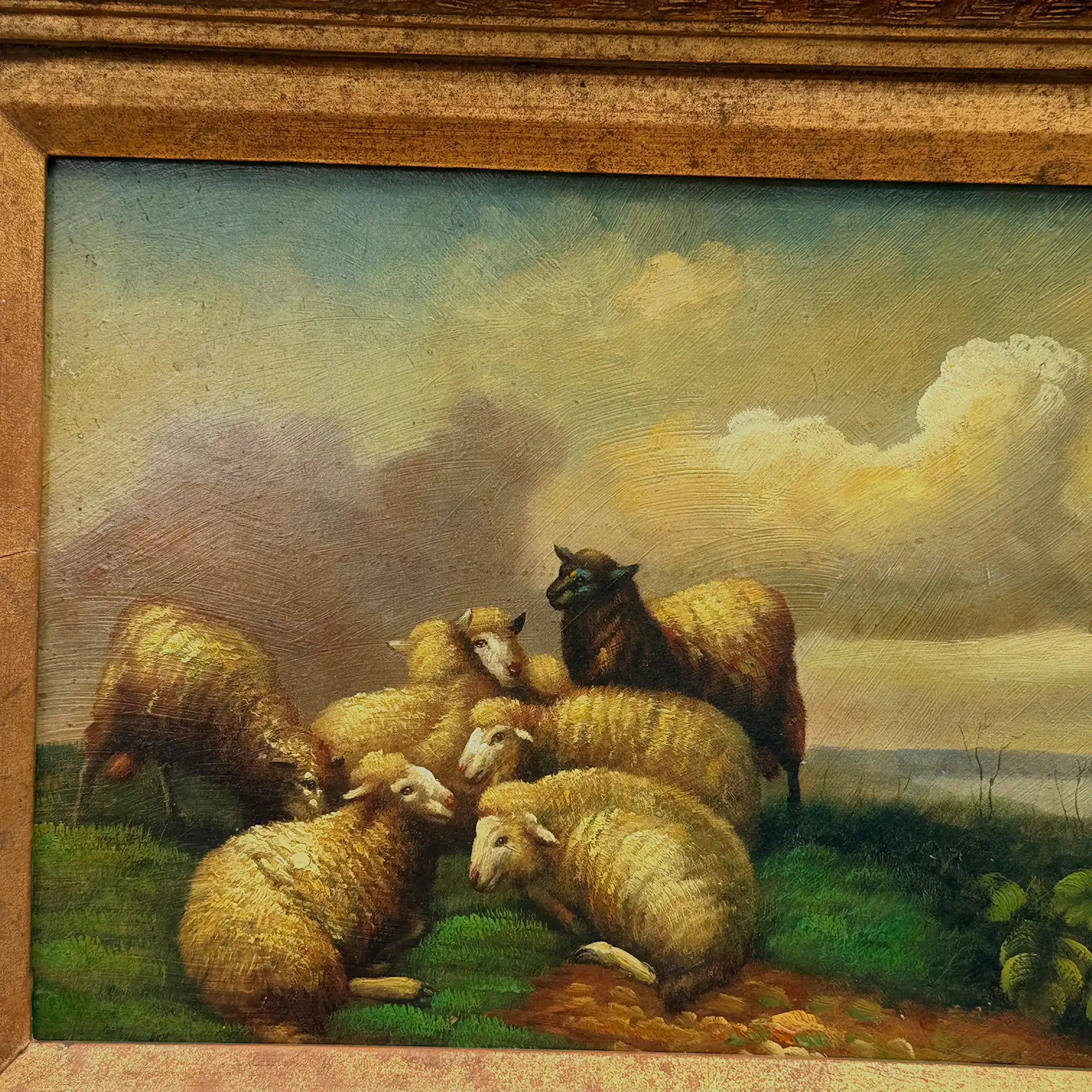 Original Framed Vintage Pastoral Sheep Oil Painting, European Countryside Landscape Art ( with Frame 42.5 x 47.5 cm ) - Vintage Oil Painting - Arden Gallery