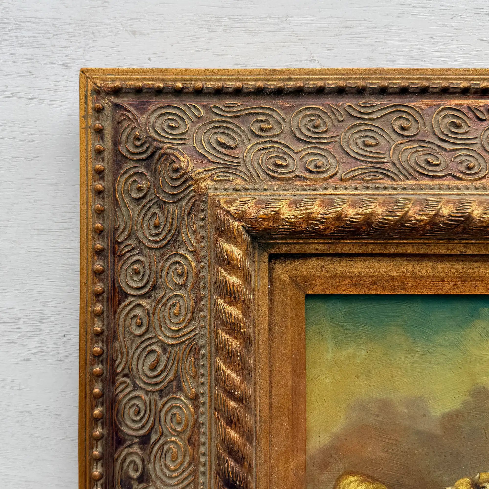 Original Framed Vintage Pastoral Sheep Oil Painting, European Countryside Landscape Art ( with Frame 42.5 x 47.5 cm ) - Vintage Oil Painting - Arden Gallery