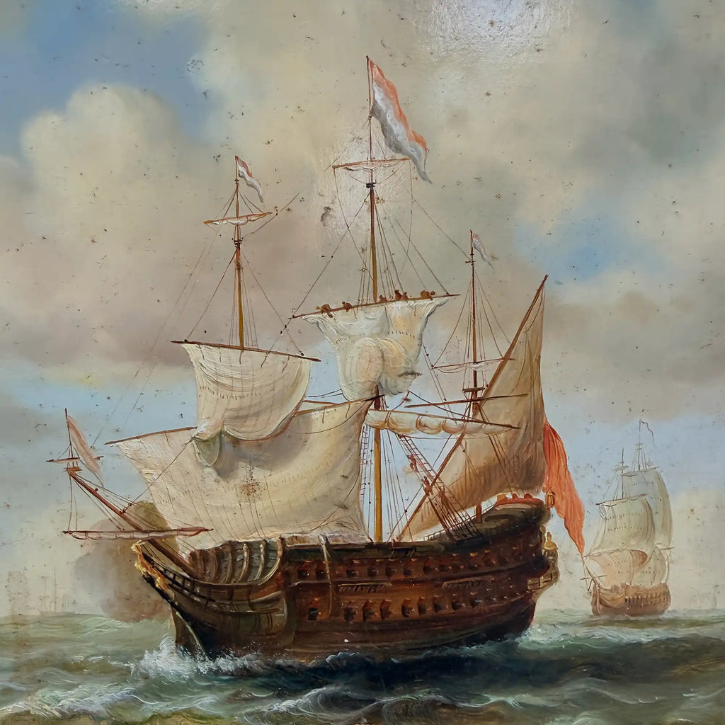 Original Framed Vintage Tall Ship Oil Painting, Maritime Seascape and Sailing Vessel Art - Vintage Oil Painting - Arden Gallery