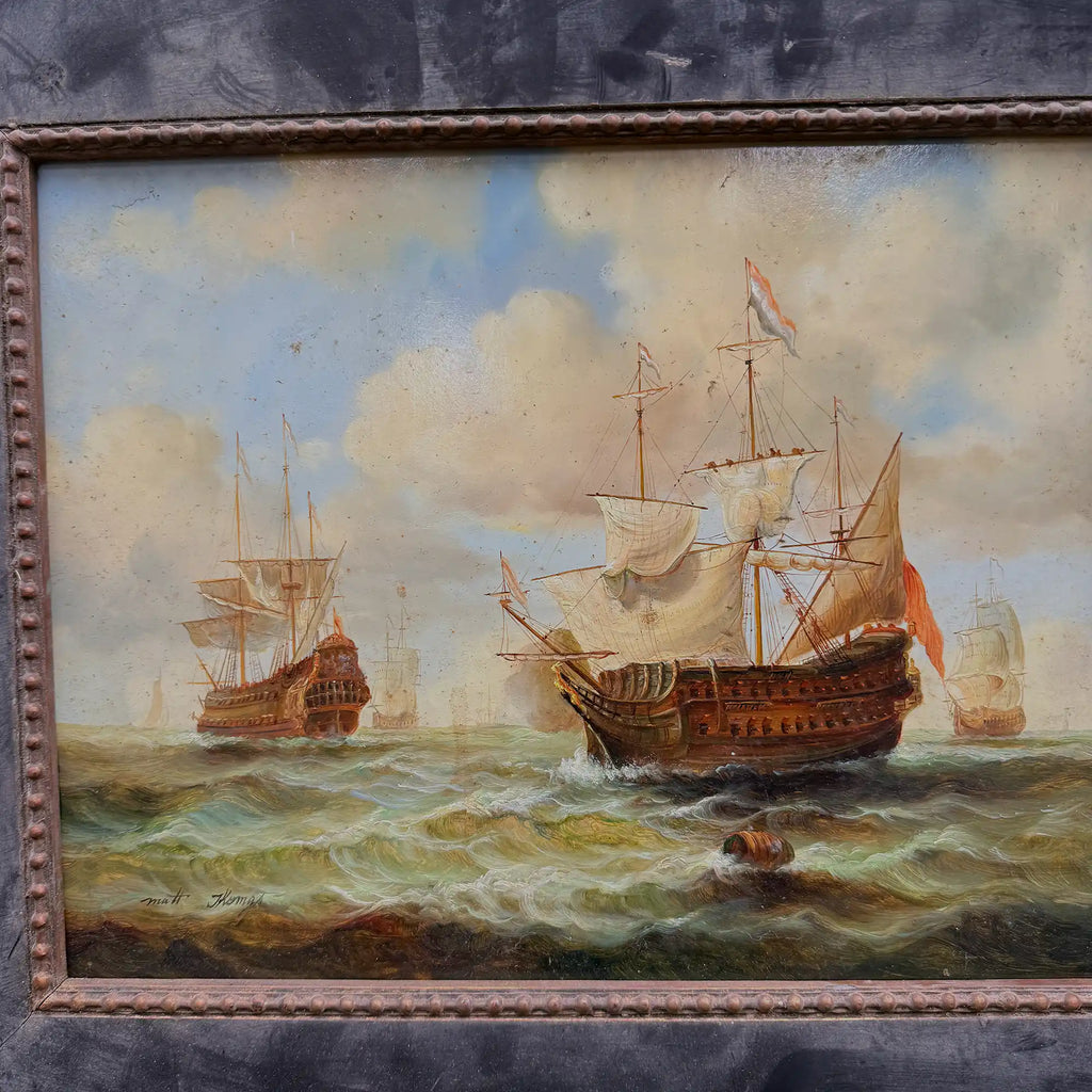 Original Framed Vintage Tall Ship Oil Painting, Maritime Seascape and Sailing Vessel Art - Vintage Oil Painting - Arden Gallery