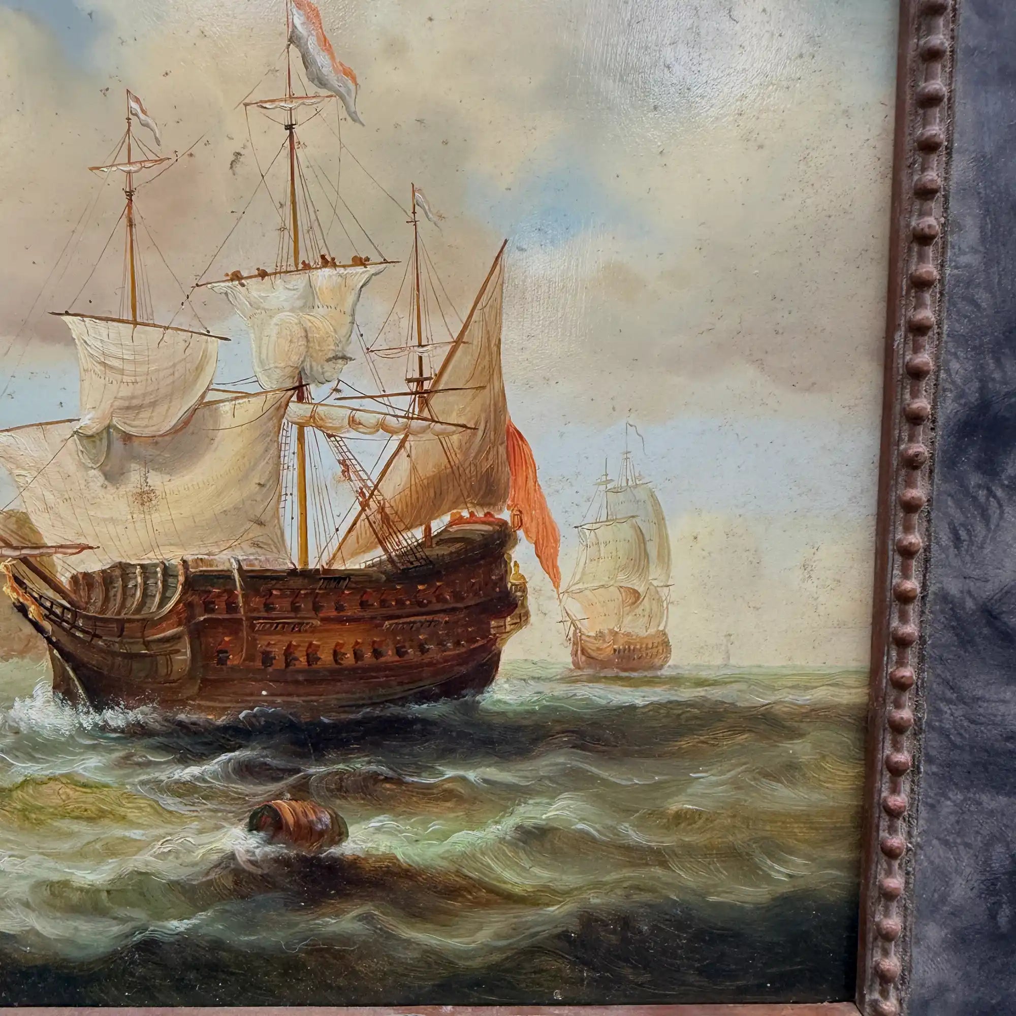 Original Framed Vintage Tall Ship Oil Painting, Maritime Seascape and Sailing Vessel Art - Vintage Oil Painting - Arden Gallery