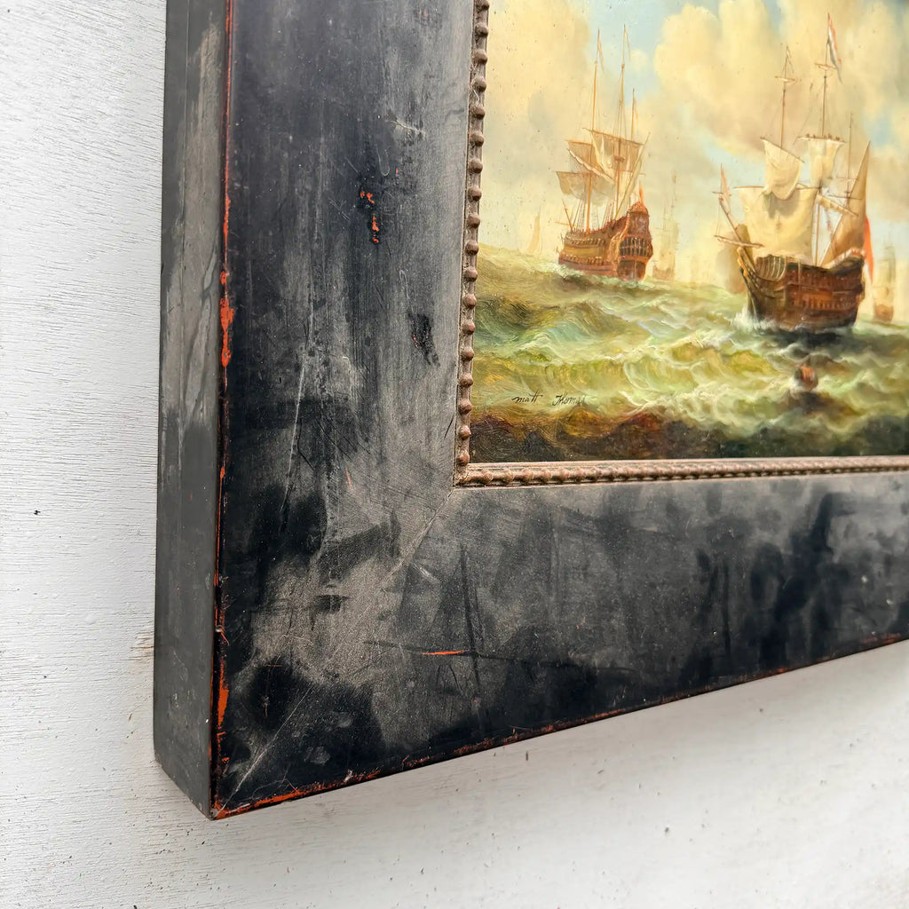Original Framed Vintage Tall Ship Oil Painting, Maritime Seascape and Sailing Vessel Art - Vintage Oil Painting - Arden Gallery
