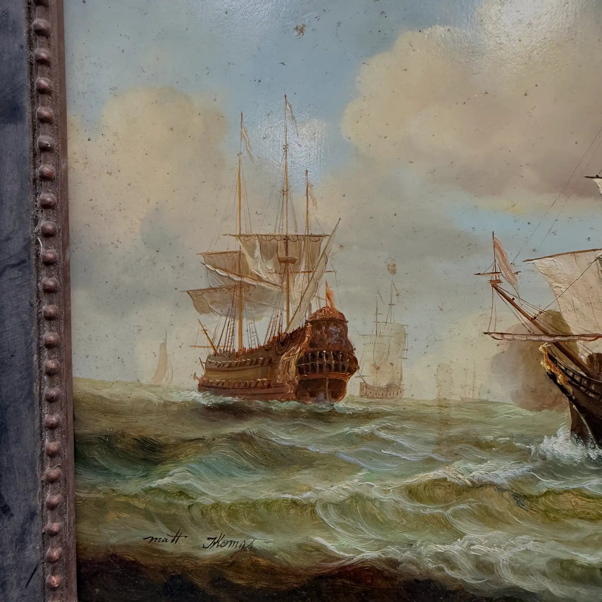 Original Framed Vintage Tall Ship Oil Painting, Maritime Seascape and Sailing Vessel Art - Vintage Oil Painting - Arden Gallery