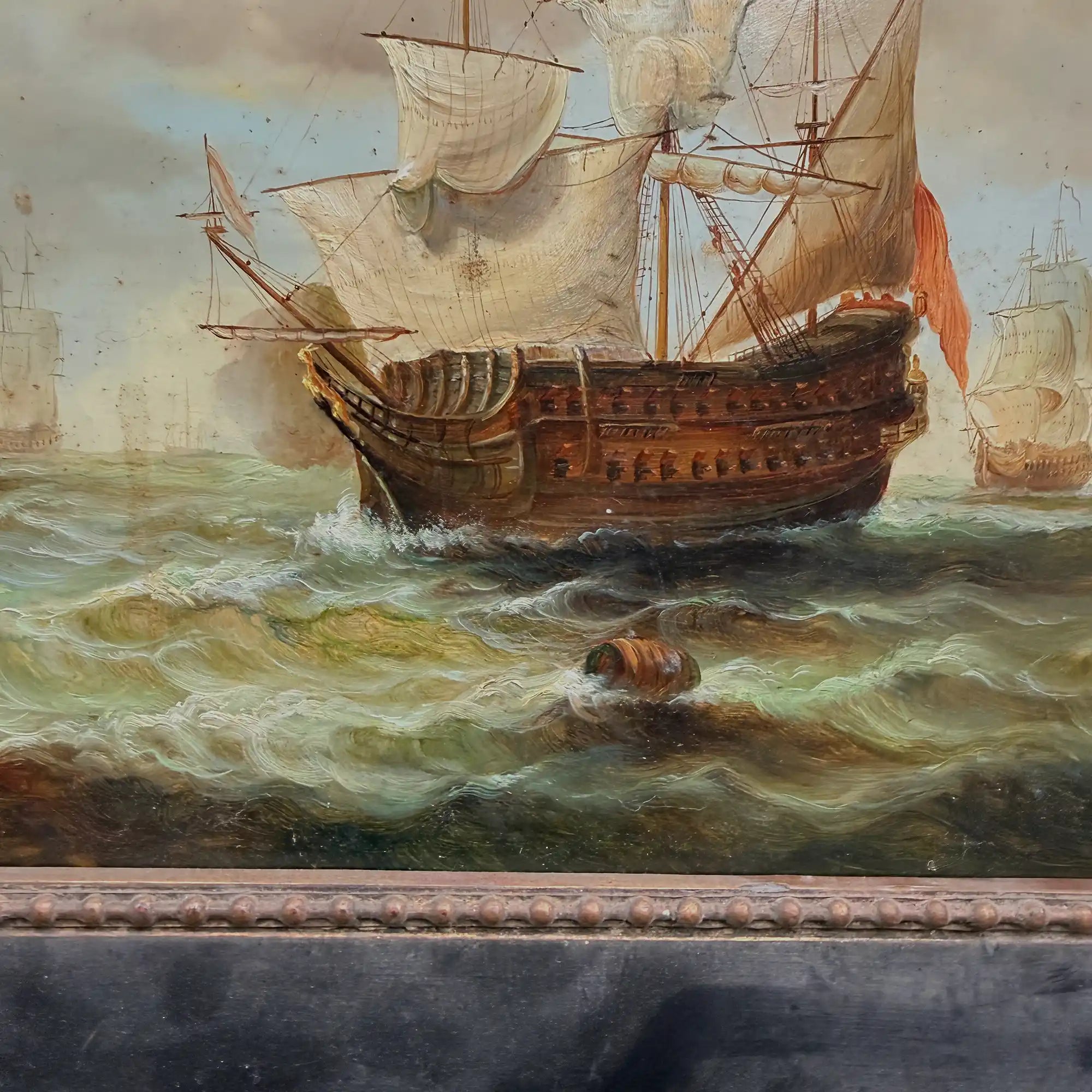 Original Framed Vintage Tall Ship Oil Painting, Maritime Seascape and Sailing Vessel Art - Vintage Oil Painting - Arden Gallery