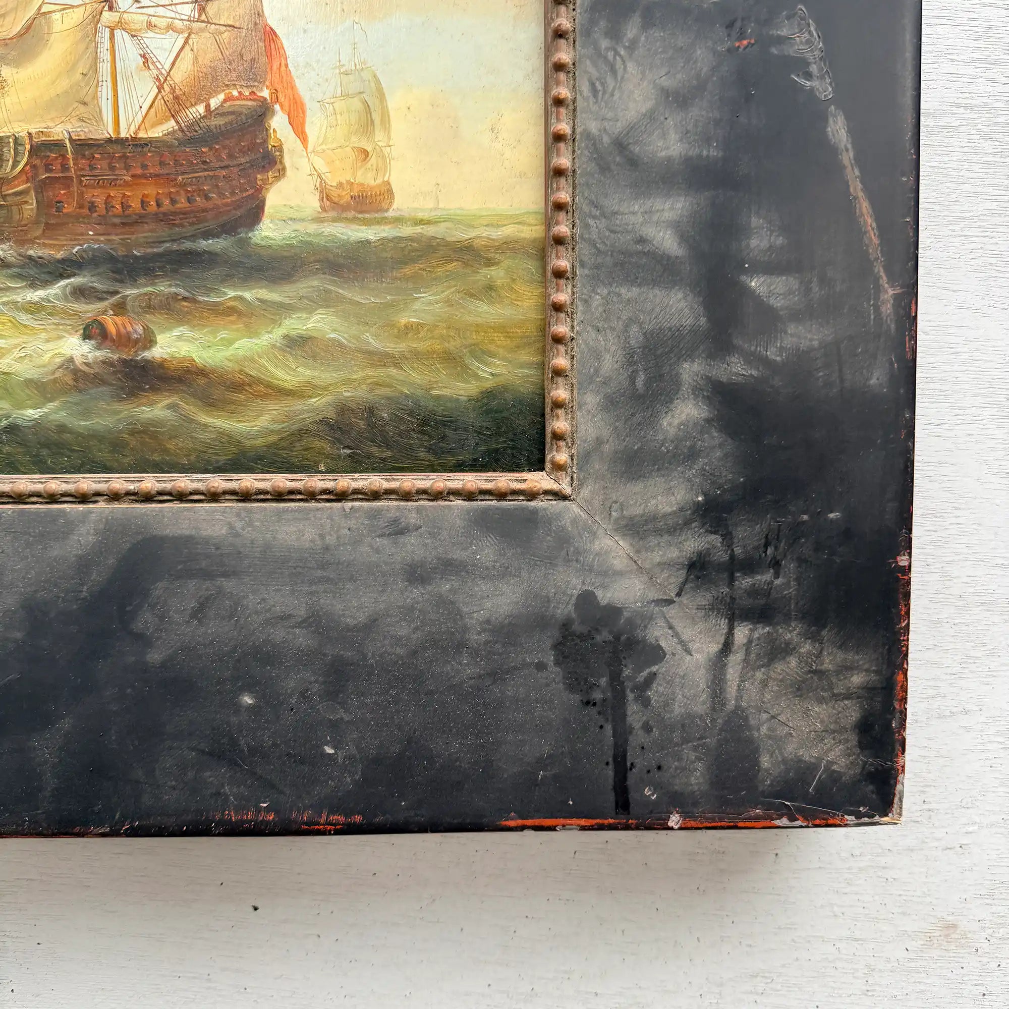 Original Framed Vintage Tall Ship Oil Painting, Maritime Seascape and Sailing Vessel Art - Vintage Oil Painting - Arden Gallery