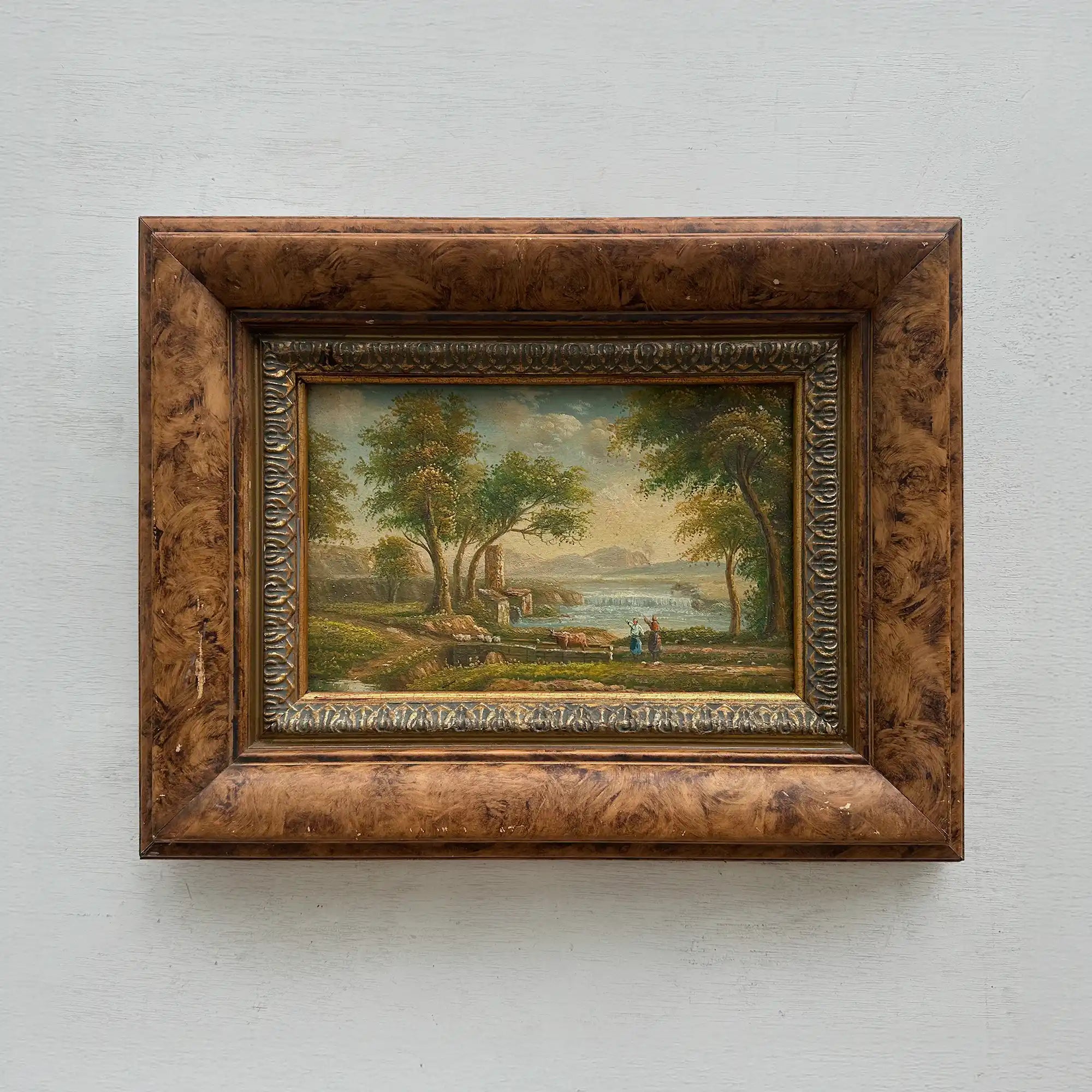 Original Hand-Painted Classical Pastoral Landscape Oil Painting in Heavy Broad Burlwood Style Frame - Vintage Oil Painting - Arden Gallery