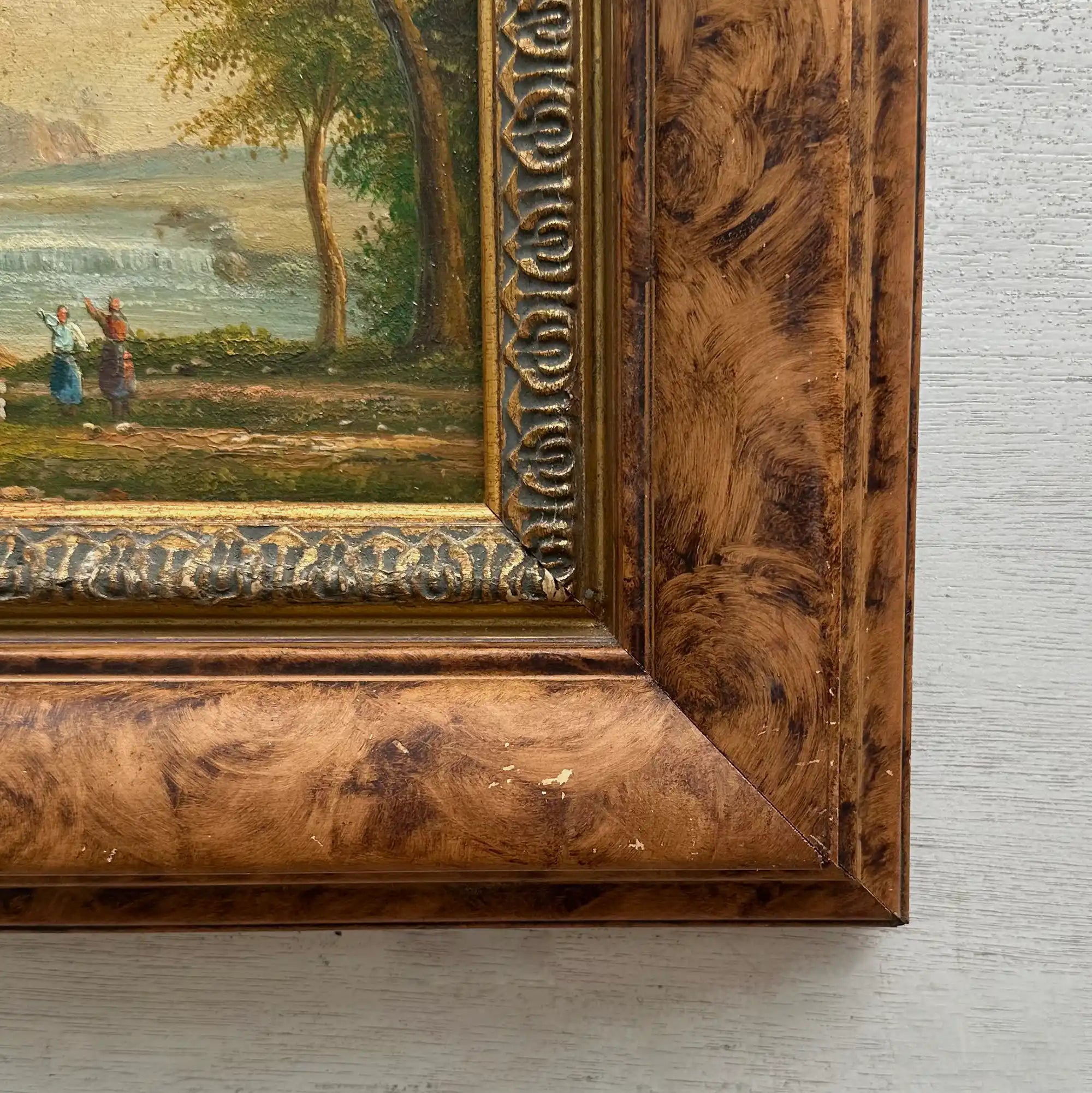 Original Hand-Painted Classical Pastoral Landscape Oil Painting in Heavy Broad Burlwood Style Frame - Vintage Oil Painting - Arden Gallery