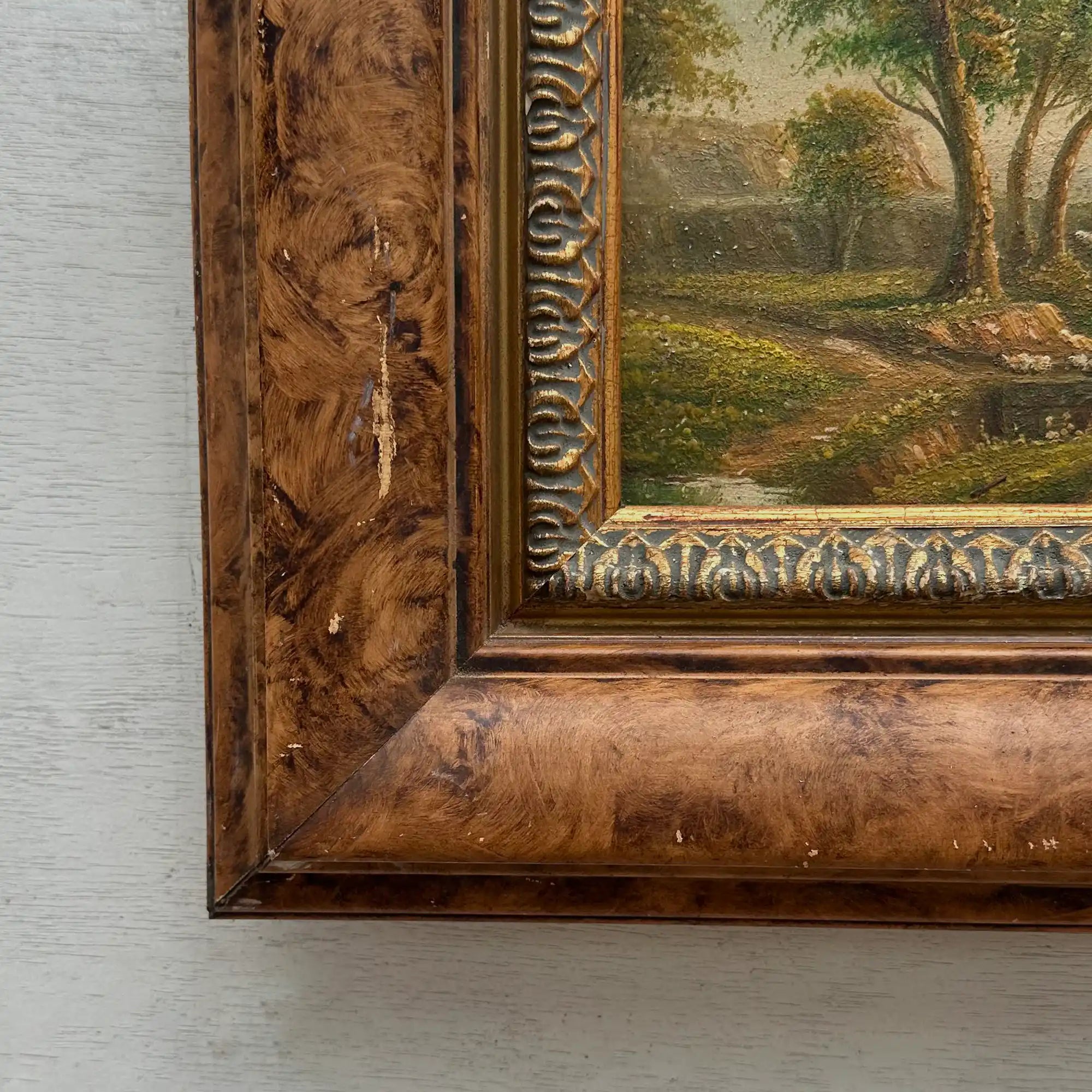 Original Hand-Painted Classical Pastoral Landscape Oil Painting in Heavy Broad Burlwood Style Frame - Vintage Oil Painting - Arden Gallery