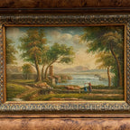 Original Hand-Painted Classical Pastoral Landscape Oil Painting in Heavy Broad Burlwood Style Frame - Vintage Oil Painting - Arden Gallery