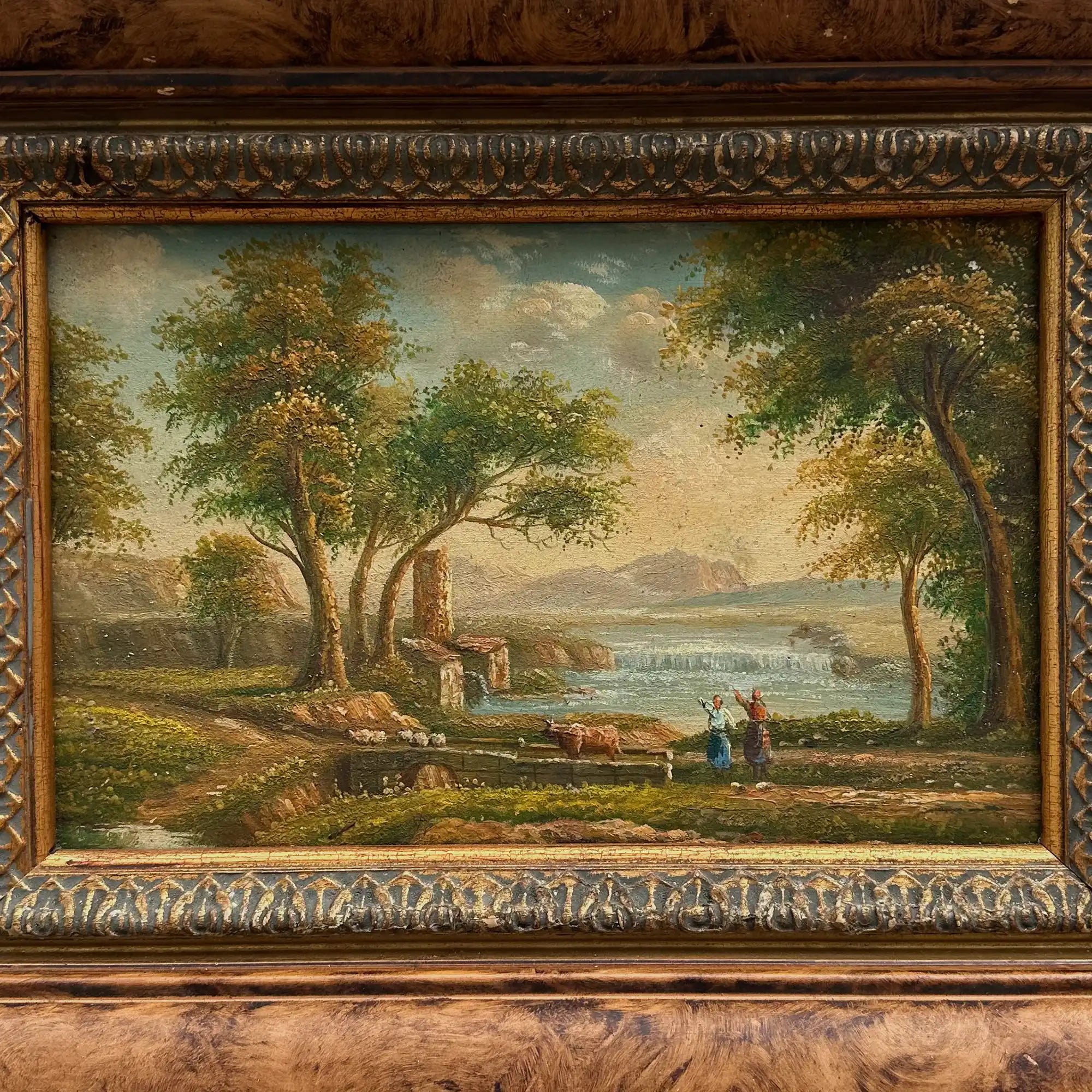 Original Hand-Painted Classical Pastoral Landscape Oil Painting in Heavy Broad Burlwood Style Frame - Vintage Oil Painting - Arden Gallery