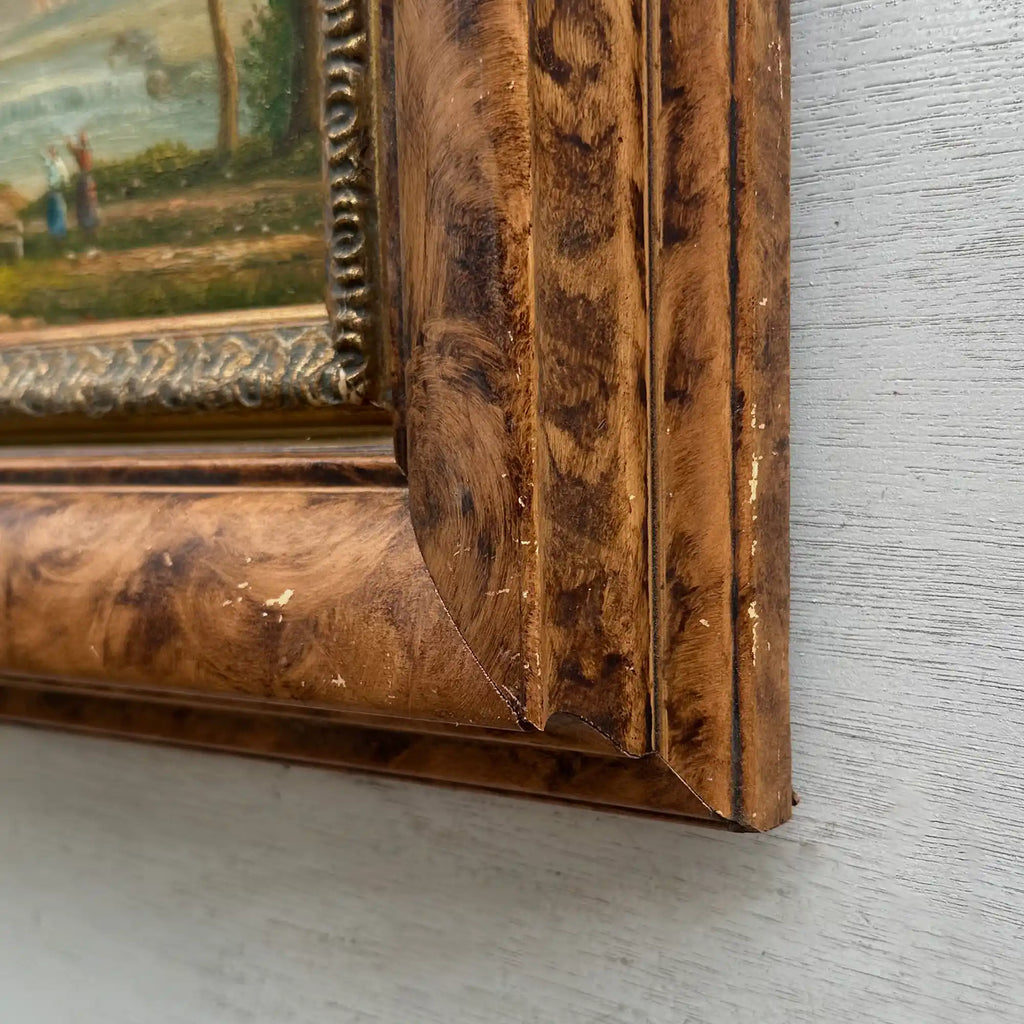 Original Hand-Painted Classical Pastoral Landscape Oil Painting in Heavy Broad Burlwood Style Frame - Vintage Oil Painting - Arden Gallery