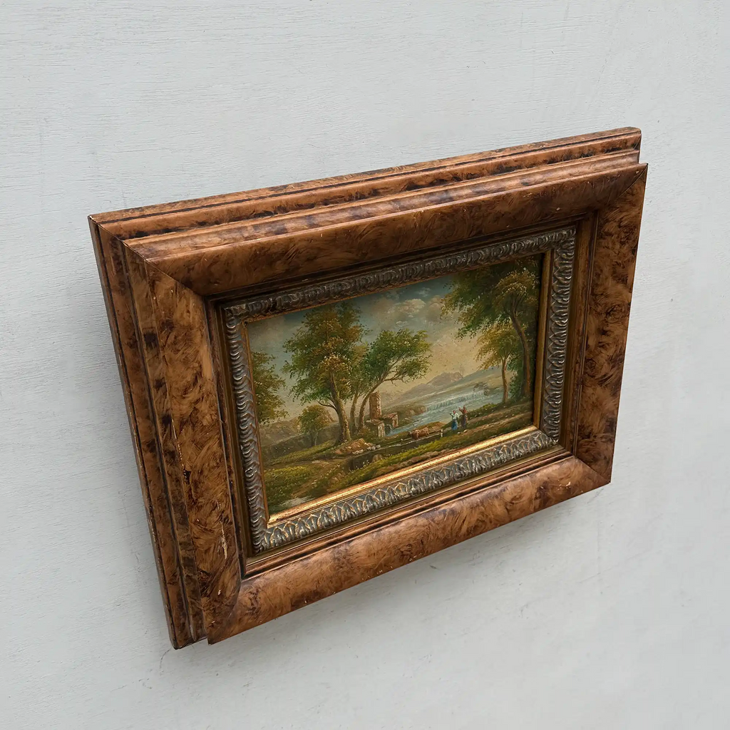 Original Hand-Painted Classical Pastoral Landscape Oil Painting in Heavy Broad Burlwood Style Frame - Vintage Oil Painting - Arden Gallery