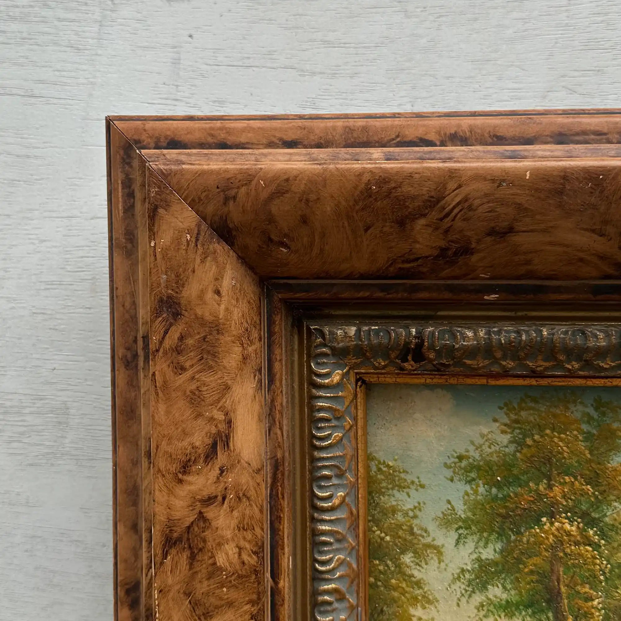 Original Hand-Painted Classical Pastoral Landscape Oil Painting in Heavy Broad Burlwood Style Frame - Vintage Oil Painting - Arden Gallery