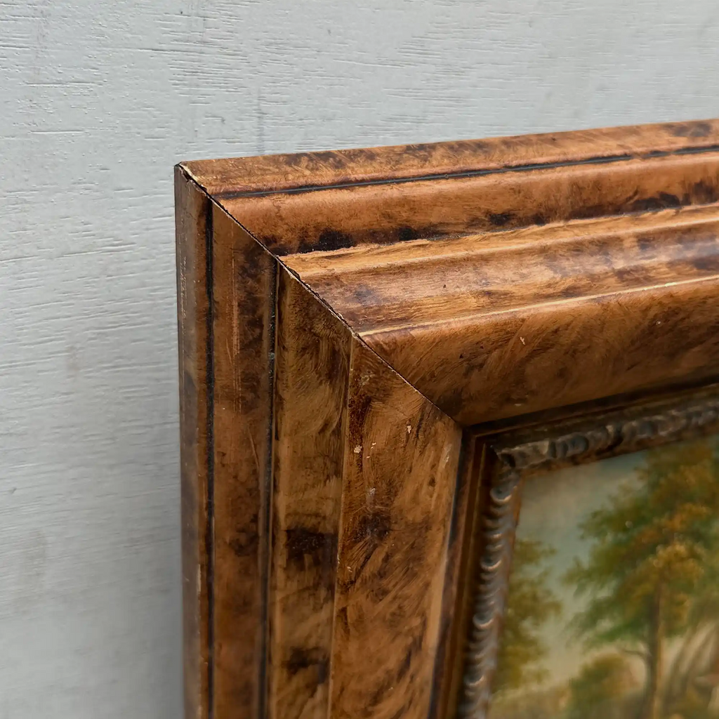 Original Hand-Painted Classical Pastoral Landscape Oil Painting in Heavy Broad Burlwood Style Frame - Vintage Oil Painting - Arden Gallery