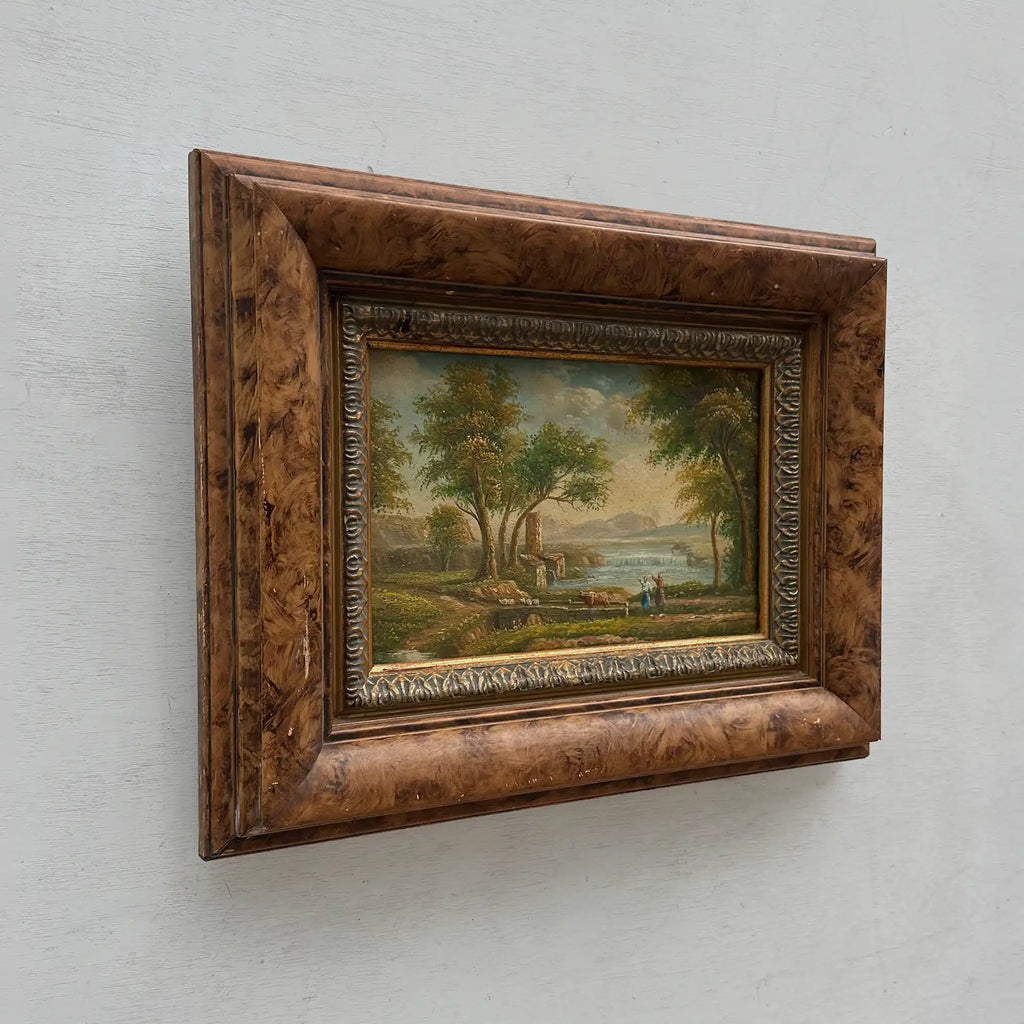 Original Hand-Painted Classical Pastoral Landscape Oil Painting in Heavy Broad Burlwood Style Frame - Vintage Oil Painting - Arden Gallery