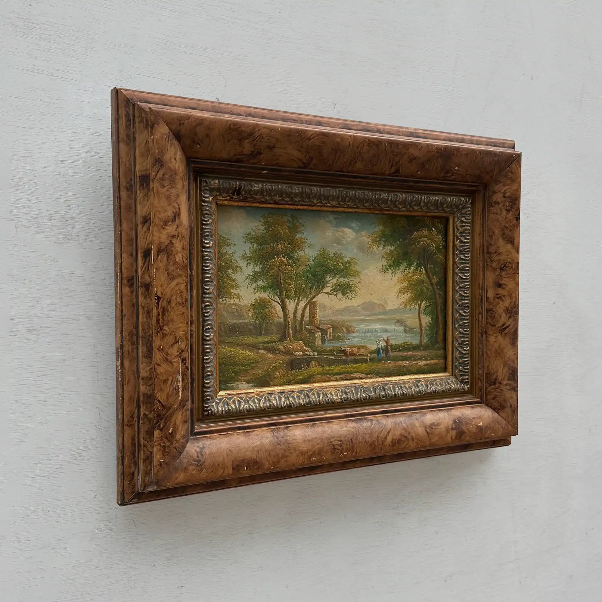 Original Hand-Painted Classical Pastoral Landscape Oil Painting in Heavy Broad Burlwood Style Frame - Vintage Oil Painting - Arden Gallery