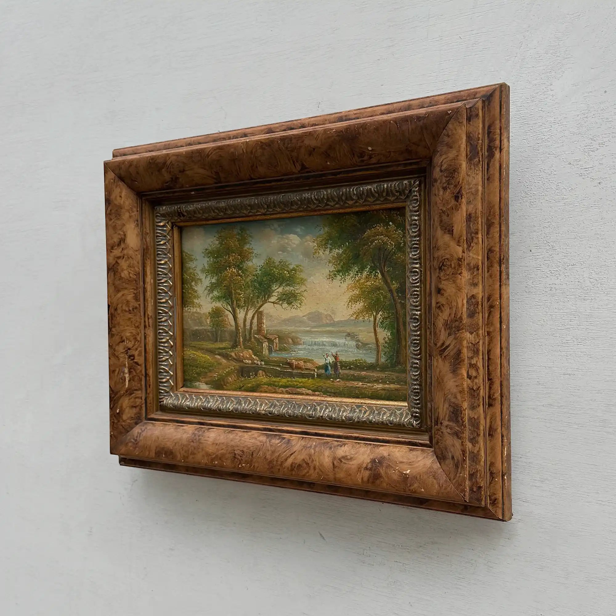 Original Hand-Painted Classical Pastoral Landscape Oil Painting in Heavy Broad Burlwood Style Frame - Vintage Oil Painting - Arden Gallery