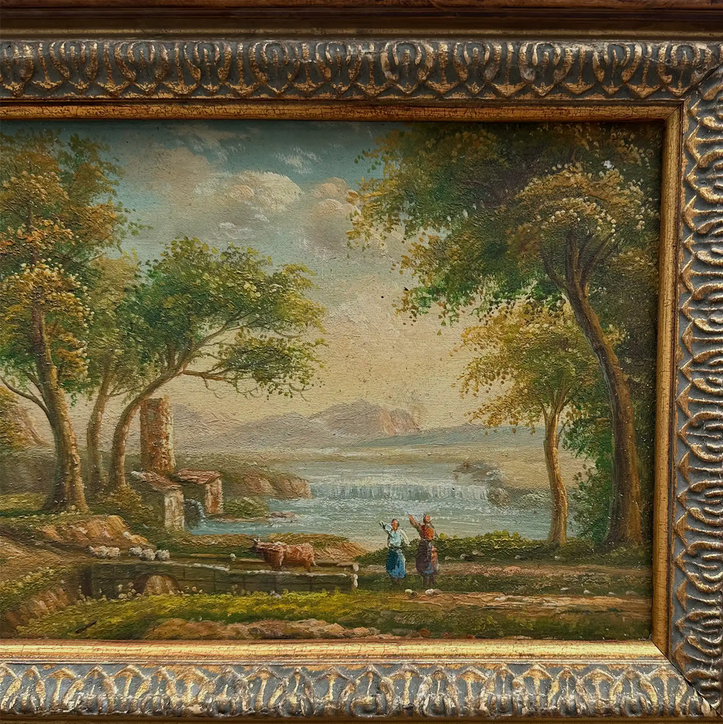 Original Hand-Painted Classical Pastoral Landscape Oil Painting in Heavy Broad Burlwood Style Frame - Vintage Oil Painting - Arden Gallery