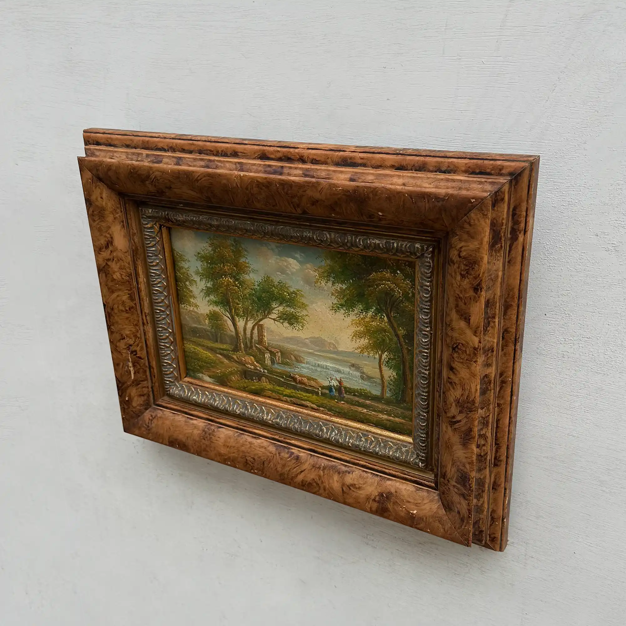 Original Hand-Painted Classical Pastoral Landscape Oil Painting in Heavy Broad Burlwood Style Frame - Vintage Oil Painting - Arden Gallery