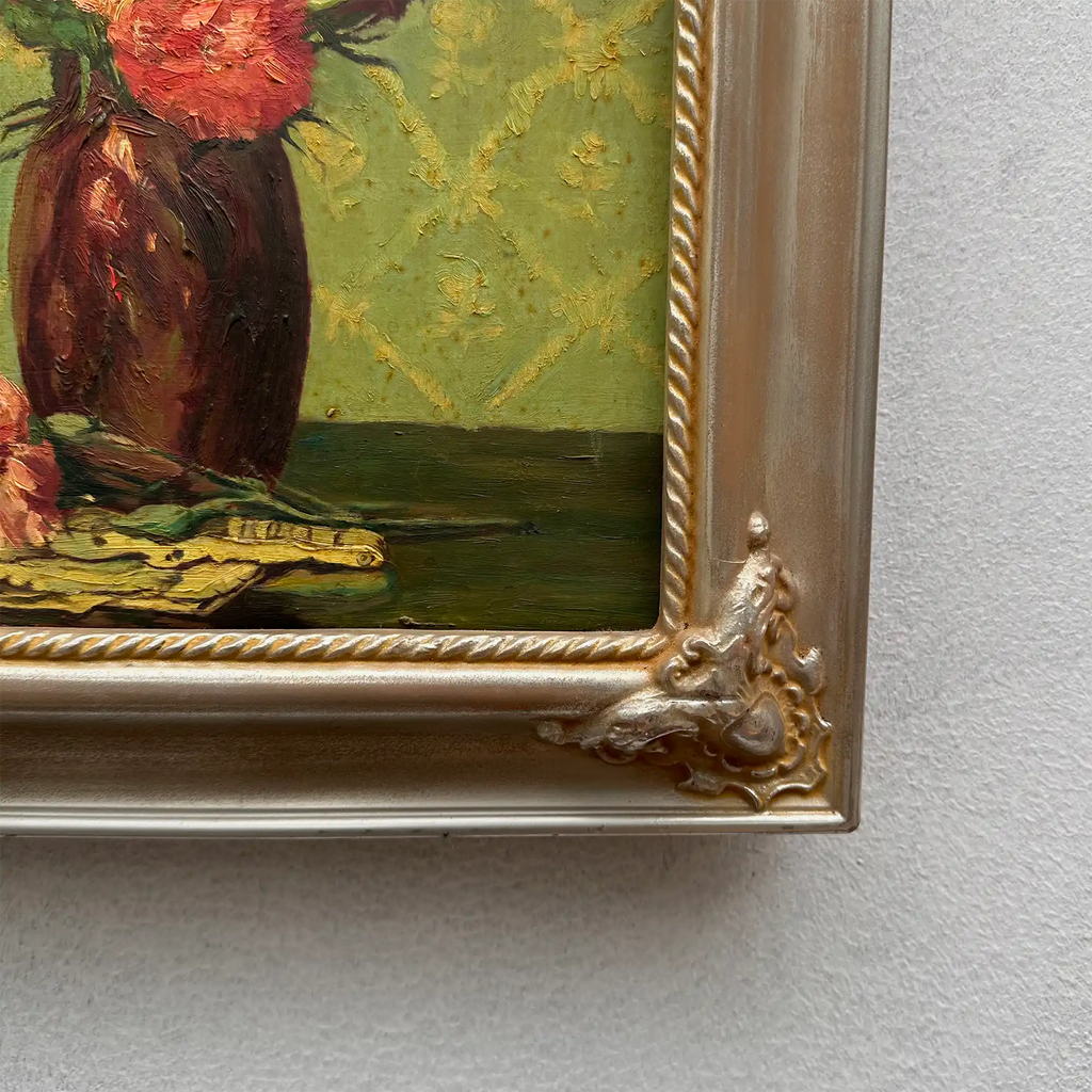 Original Hand-Painted French Vintage Carnation Still Life Oil Painting, 40x49cm - Vintage Oil Painting - Arden Gallery