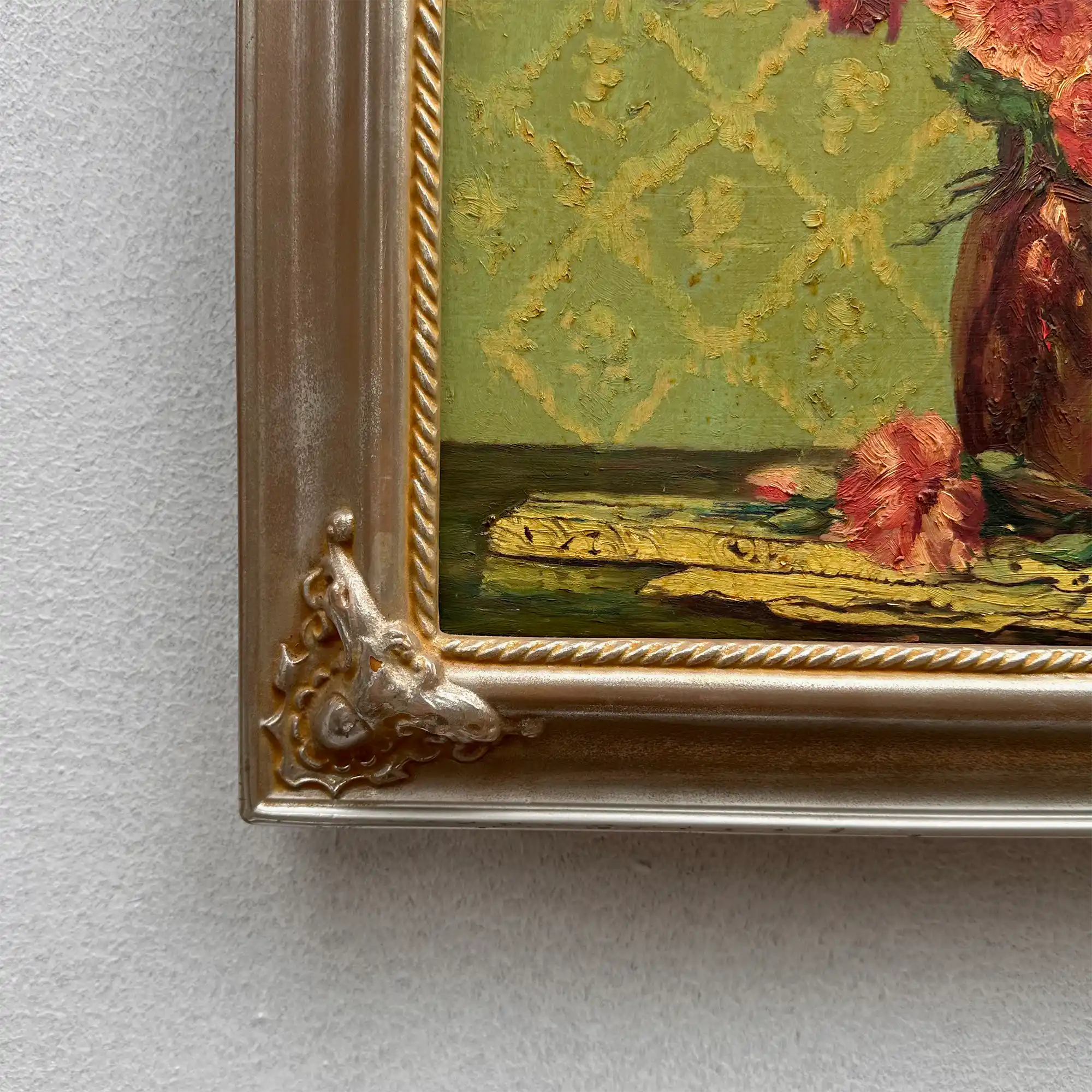 Original Hand-Painted French Vintage Carnation Still Life Oil Painting, 40x49cm - Vintage Oil Painting - Arden Gallery
