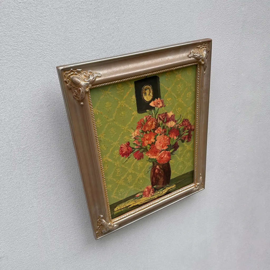 Original Hand-Painted French Vintage Carnation Still Life Oil Painting, 40x49cm - Vintage Oil Painting - Arden Gallery