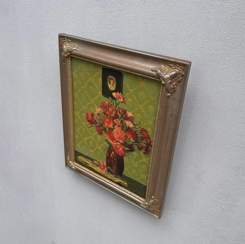 Original Hand-Painted French Vintage Carnation Still Life Oil Painting, 40x49cm - Vintage Oil Painting - Arden Gallery