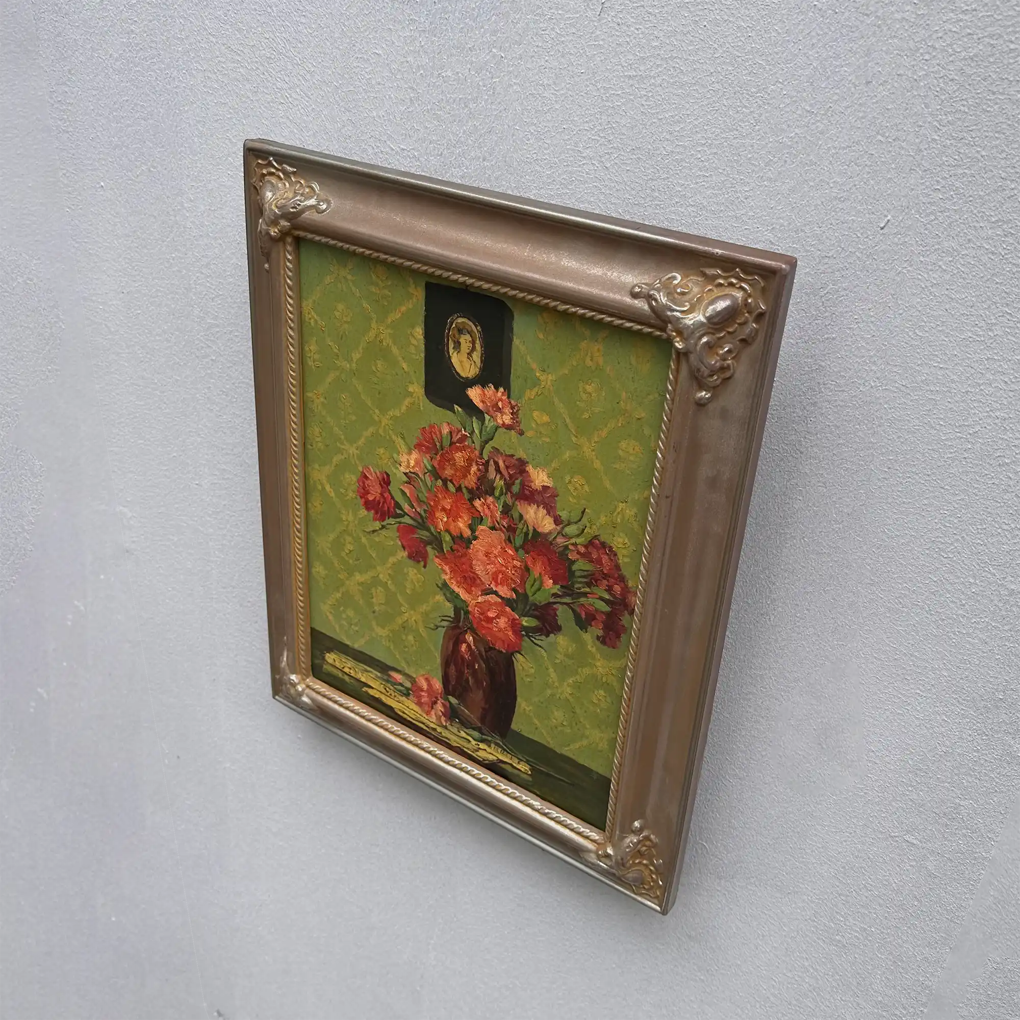 Original Hand-Painted French Vintage Carnation Still Life Oil Painting, 40x49cm - Vintage Oil Painting - Arden Gallery