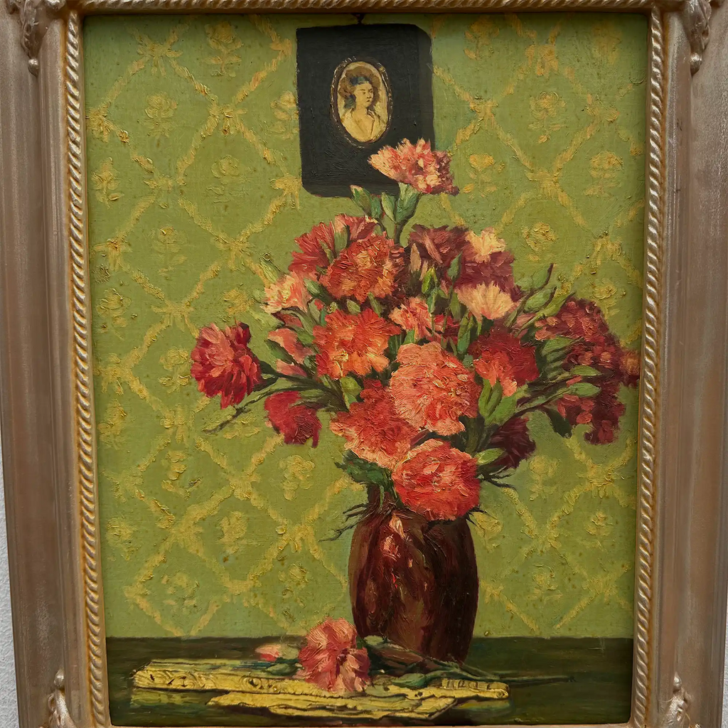 Original Hand-Painted French Vintage Carnation Still Life Oil Painting, 40x49cm - Vintage Oil Painting - Arden Gallery