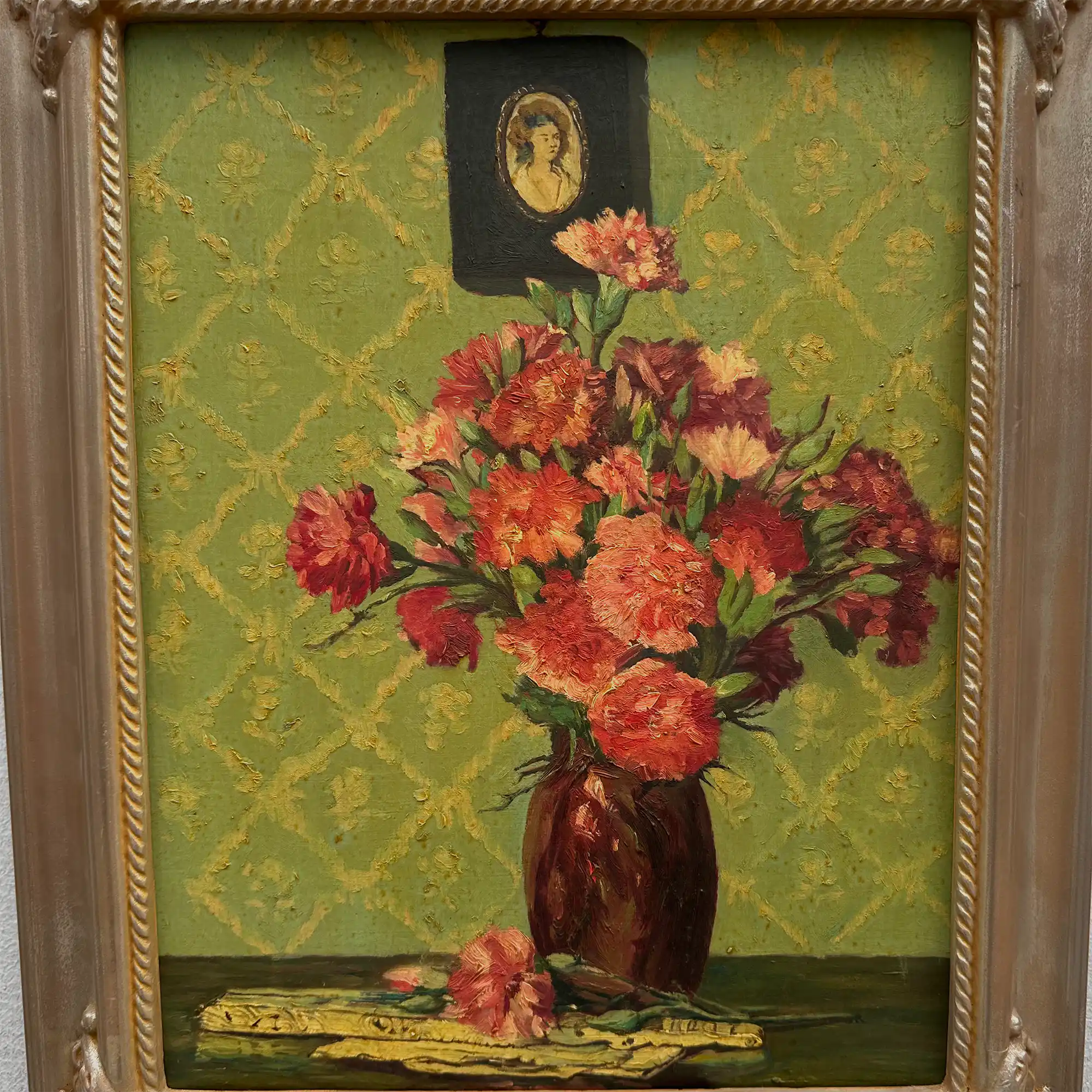 Original Hand-Painted French Vintage Carnation Still Life Oil Painting, 40x49cm - Vintage Oil Painting - Arden Gallery