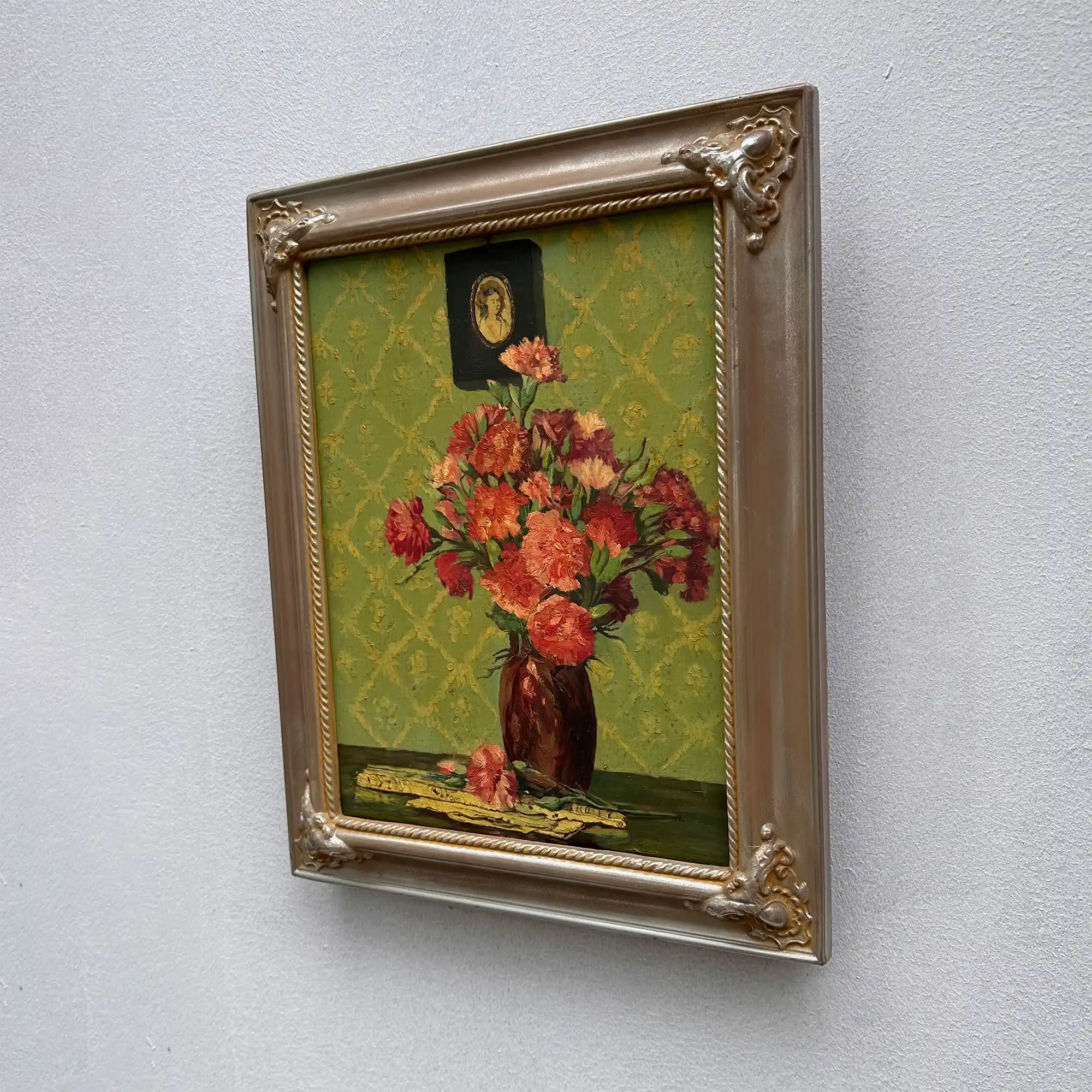 Original Hand-Painted French Vintage Carnation Still Life Oil Painting, 40x49cm - Vintage Oil Painting - Arden Gallery