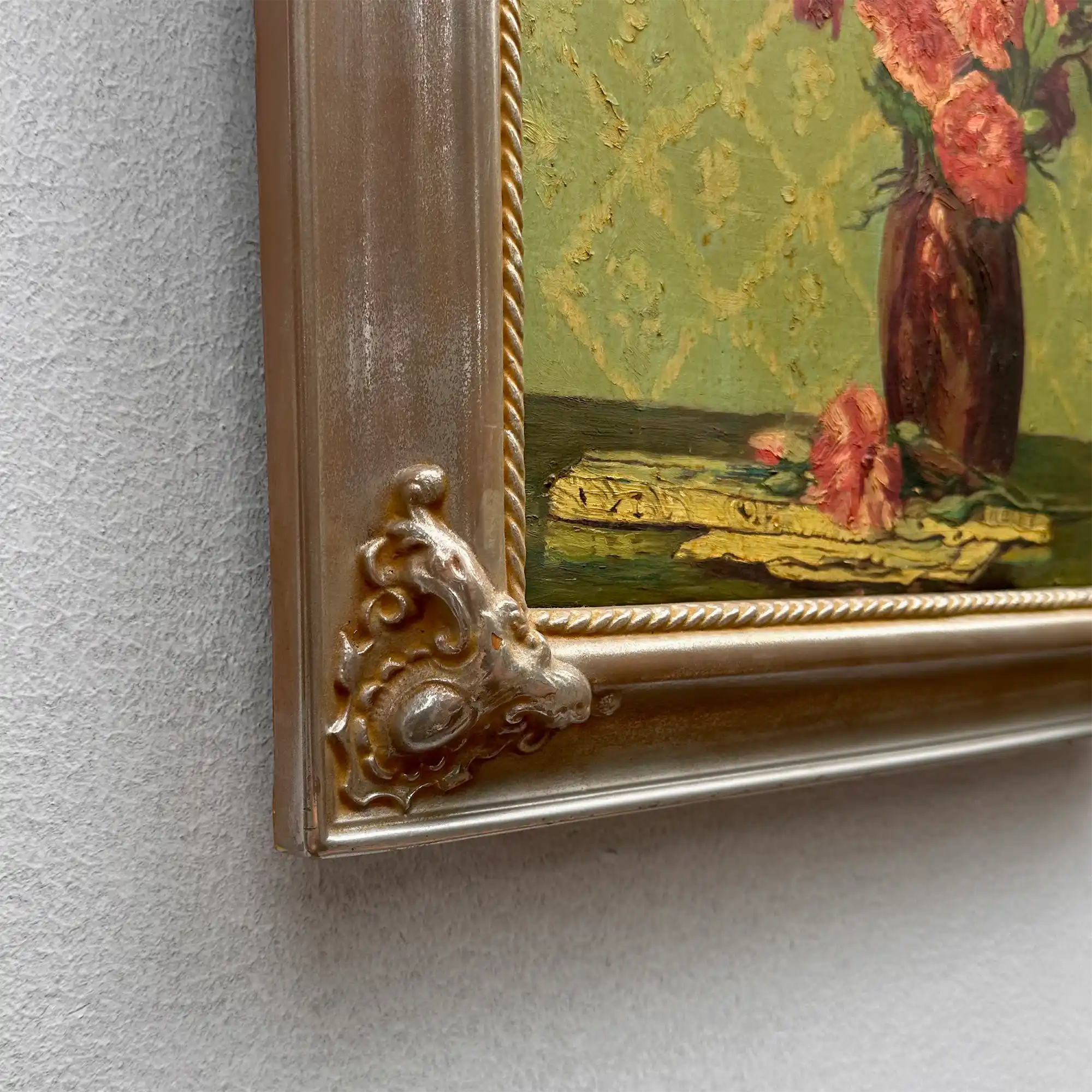 Original Hand-Painted French Vintage Carnation Still Life Oil Painting, 40x49cm - Vintage Oil Painting - Arden Gallery