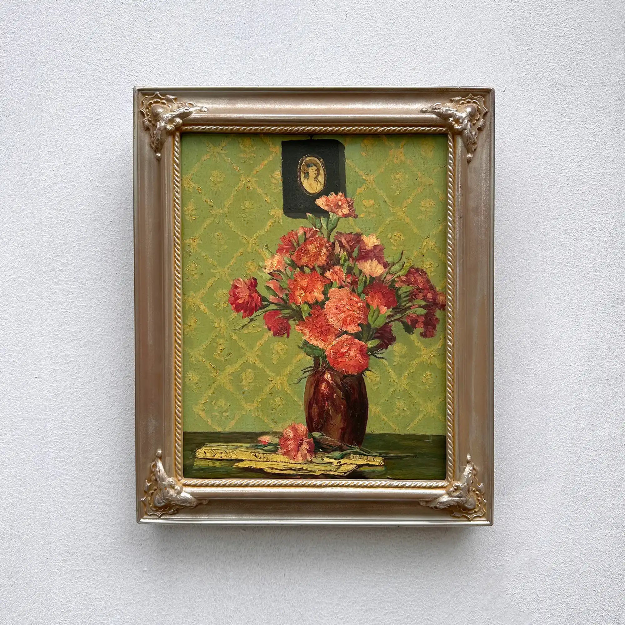 Original Hand-Painted French Vintage Carnation Still Life Oil Painting, 40x49cm - Vintage Oil Painting - Arden Gallery