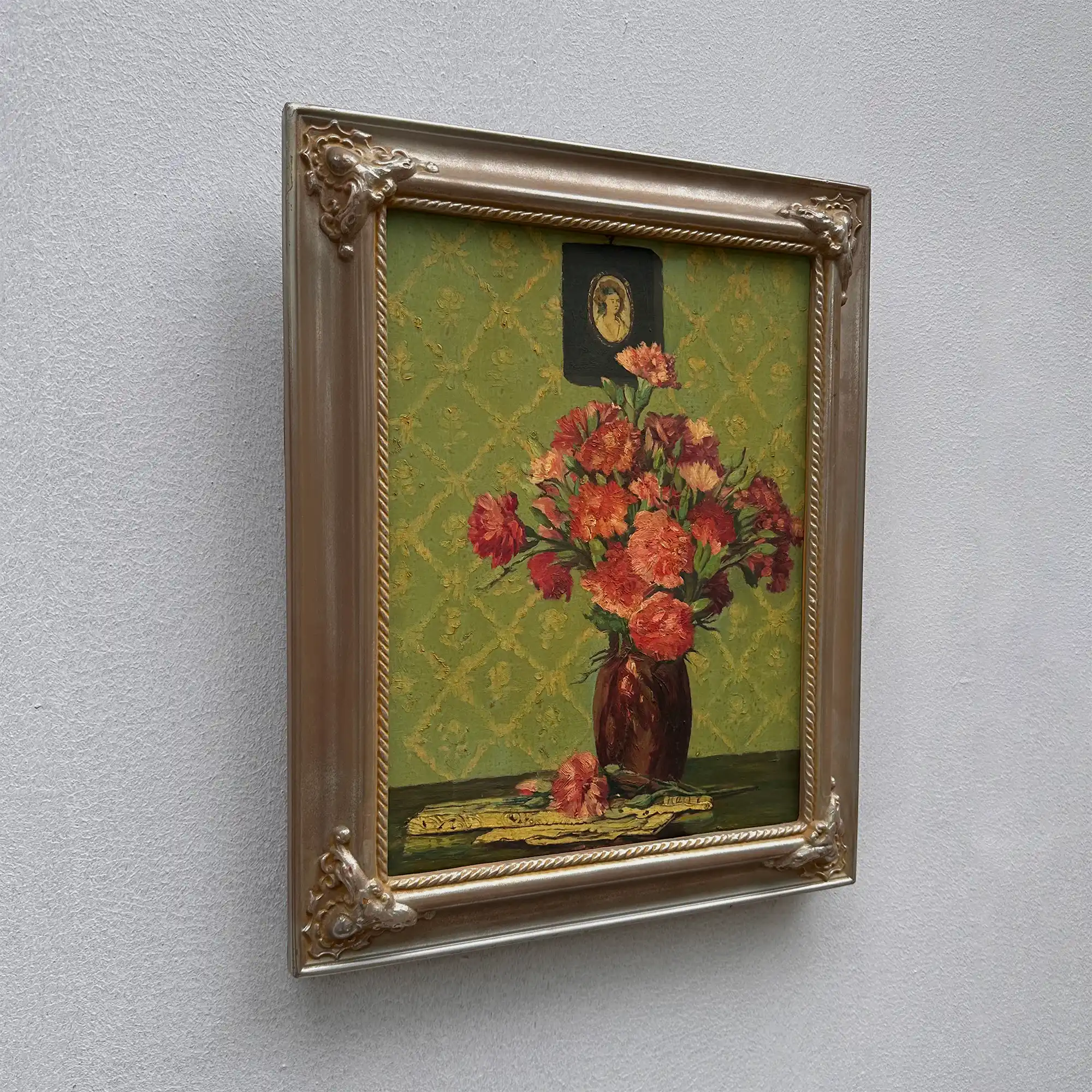 Original Hand-Painted French Vintage Carnation Still Life Oil Painting, 40x49cm - Vintage Oil Painting - Arden Gallery