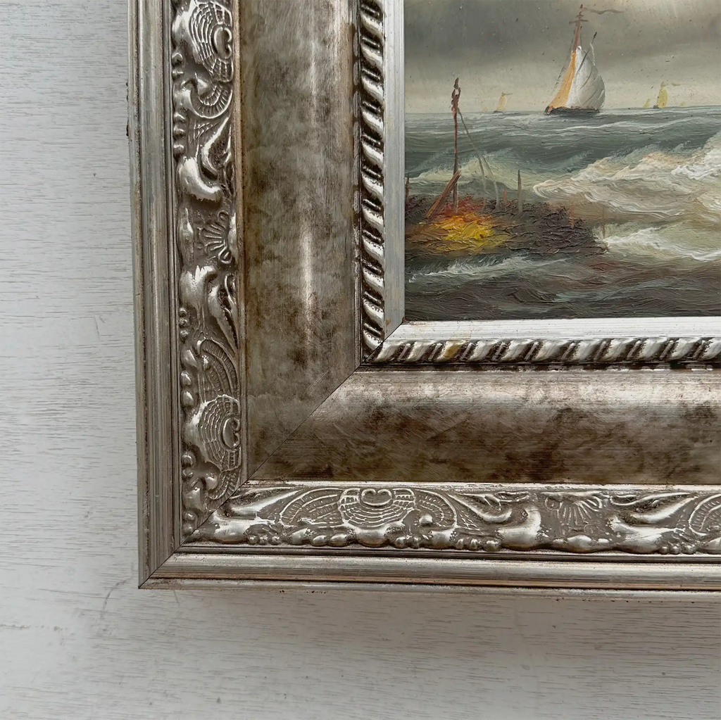 Original Hand-Painted Maritime Sailboat Seascape Oil Painting in Heavy Ornate Silver Frame (with Frame 42 × 37 cm) - Vintage Oil Painting - Arden Gallery