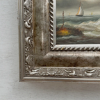 Original Hand-Painted Maritime Sailboat Seascape Oil Painting in Heavy Ornate Silver Frame (with Frame 42 × 37 cm) - Vintage Oil Painting - Arden Gallery