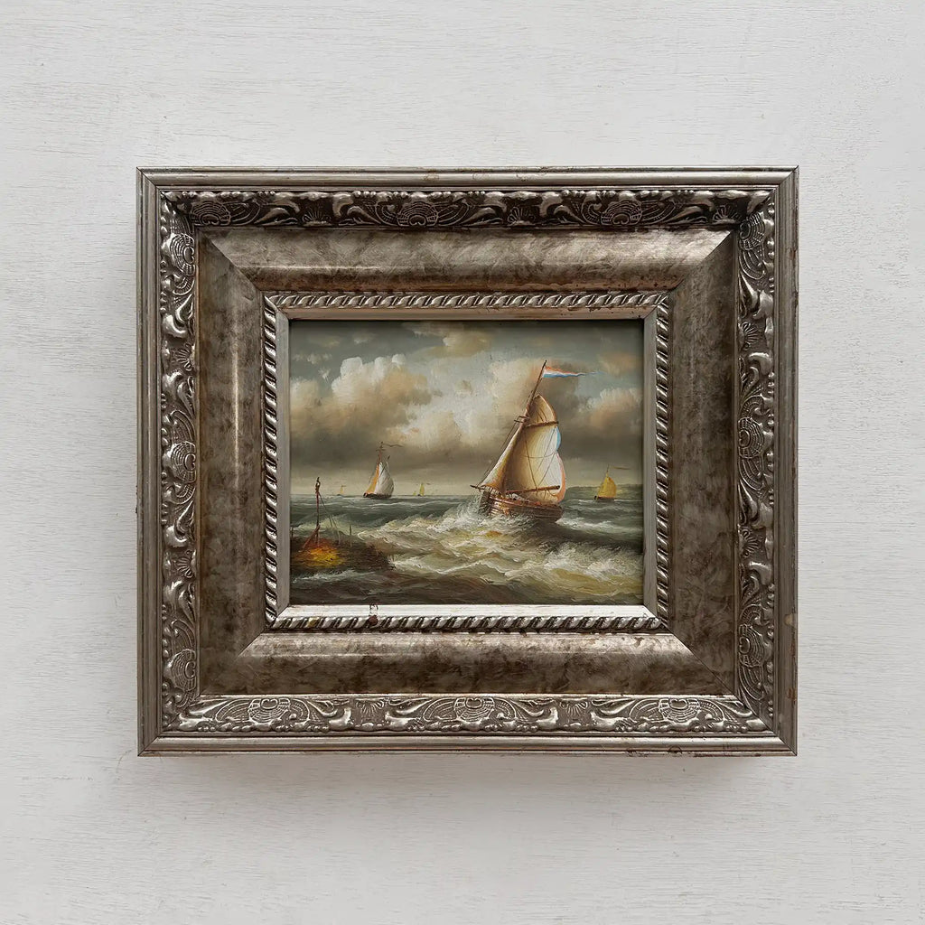 Original Hand-Painted Maritime Sailboat Seascape Oil Painting in Heavy Ornate Silver Frame (with Frame 42 × 37 cm) - Vintage Oil Painting - Arden Gallery